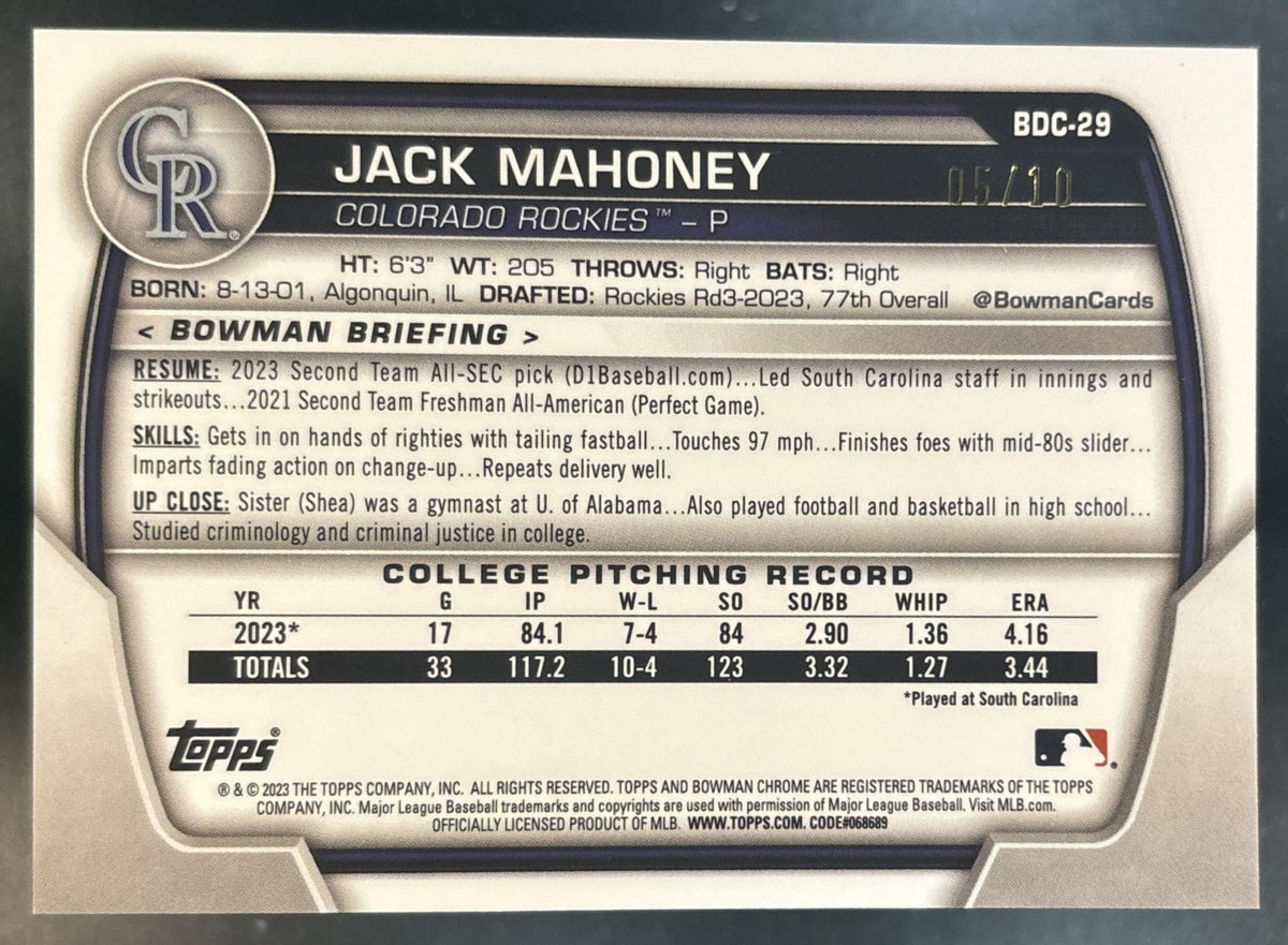 2023 Bowman Draft Sapphire Jack Mahoney Chrome Black /10 #BDC-29 1st Prospect