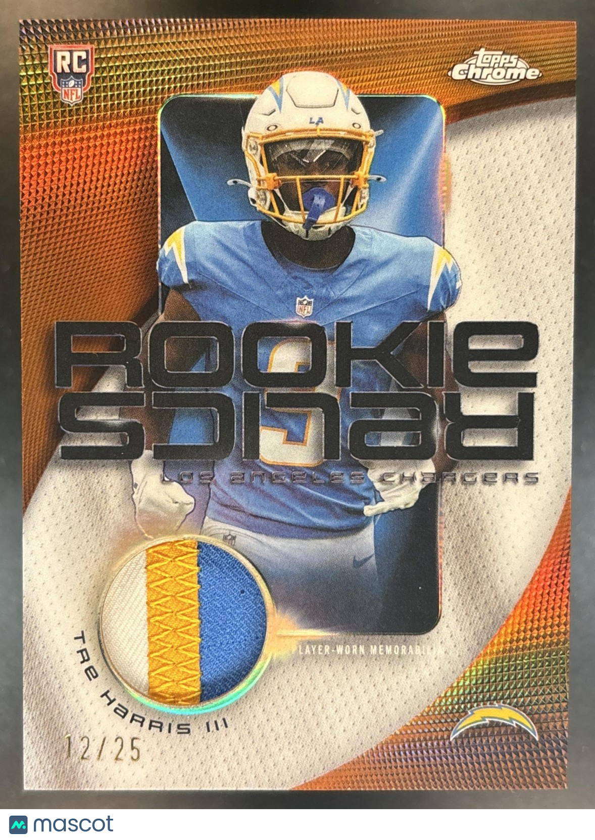 2025 Topps Chrome Tre Harris III Rookie Relics Orange /25 MEM RC Chargers