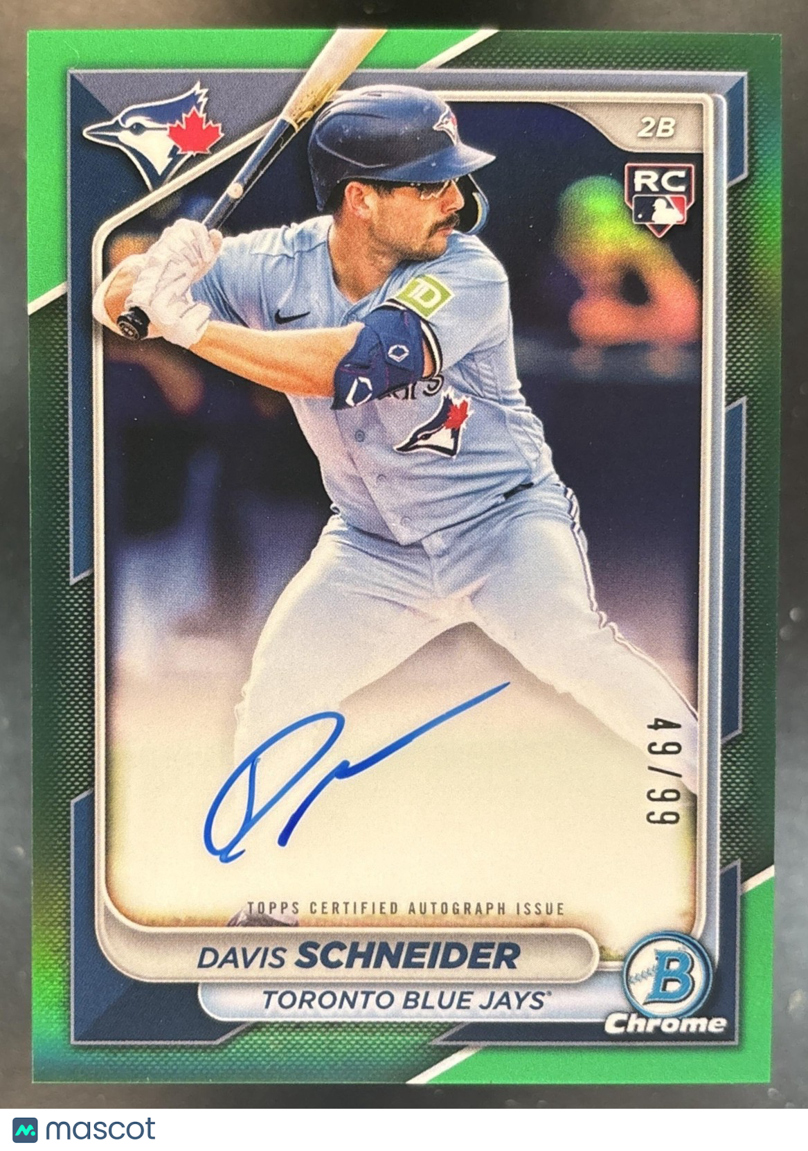 2024 Bowman Chrome Davis Schneider Rookie Auto Green /99 RC Toronto Blue Jays