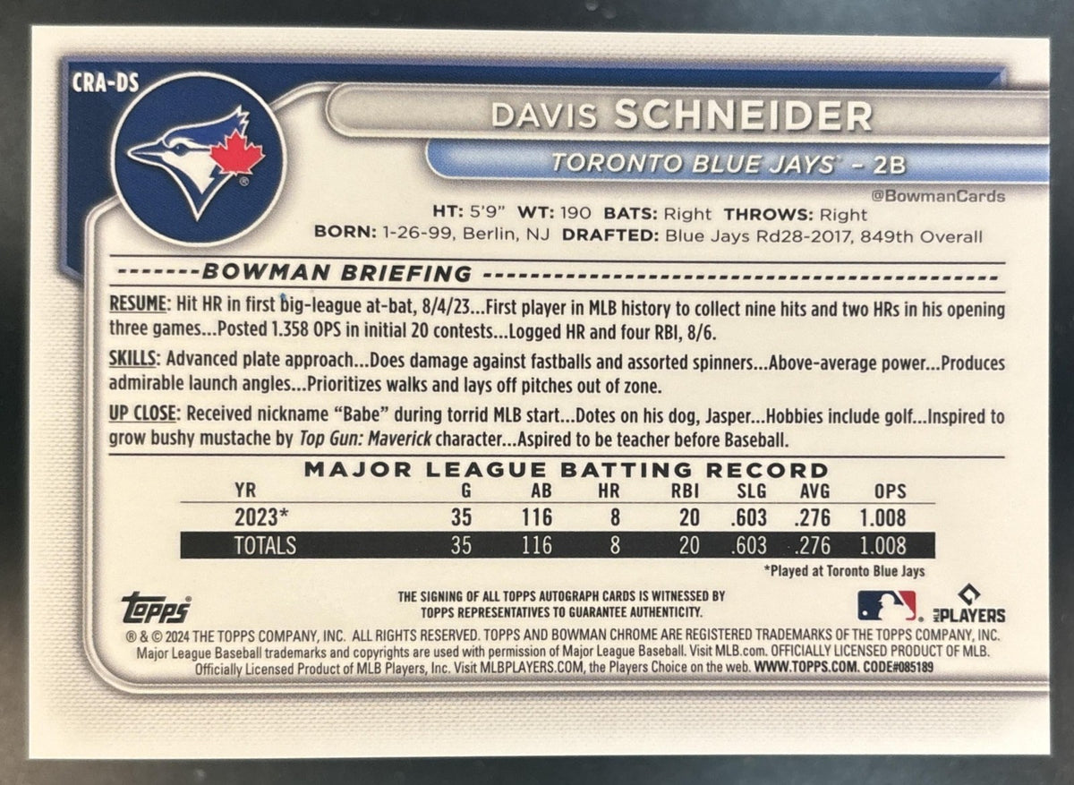 2024 Bowman Chrome Davis Schneider Rookie Auto Green /99 RC Toronto Blue Jays