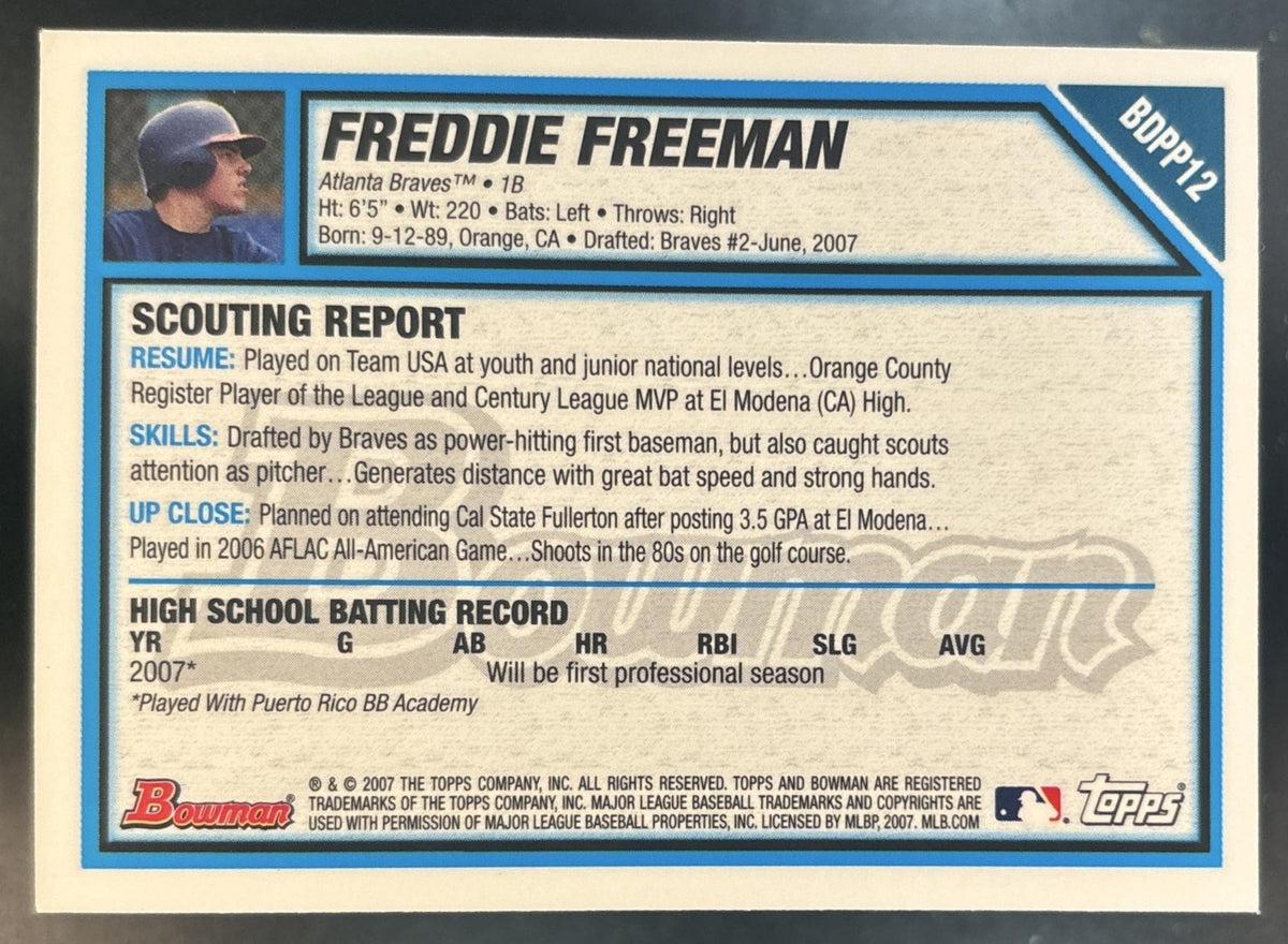 2007 Bowman Draft Picks & Prospects Freddie Freeman Gold #BDPP12 Atlanta Braves