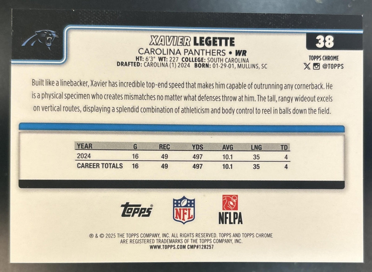 2025 Topps Chrome Xavier Legette Football Leather Red Refractor 1/5 #38 Panthers