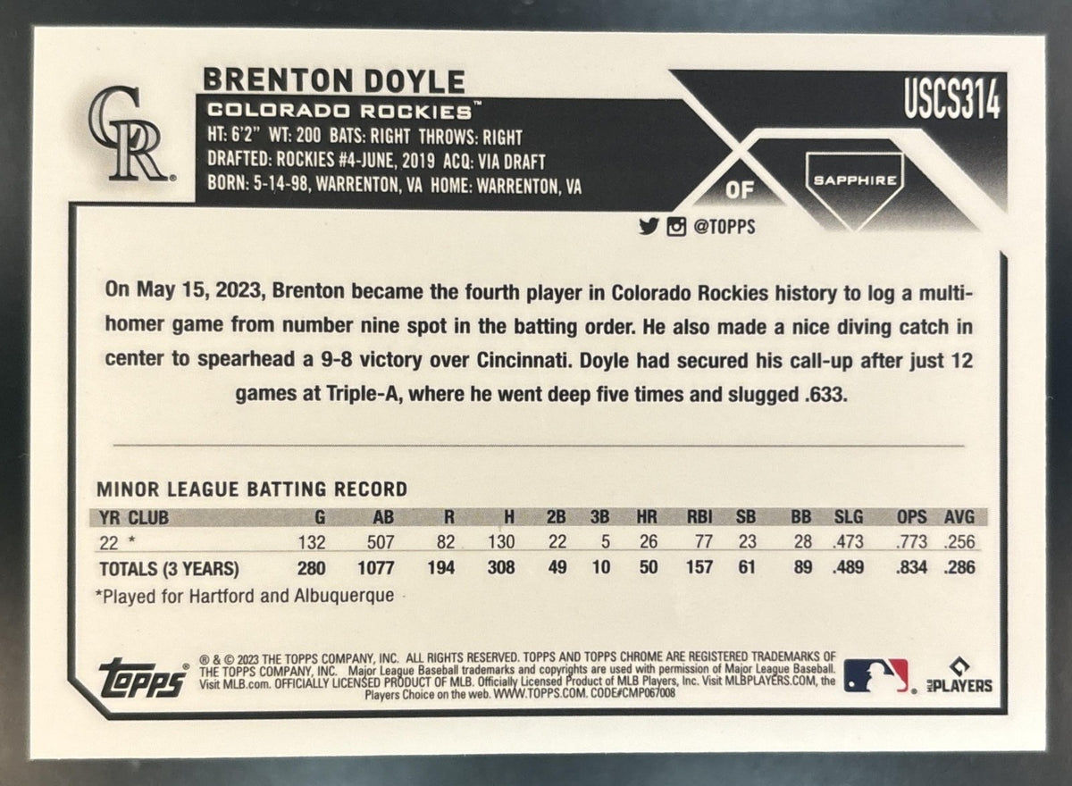 2023 Topps Chrome Update Sapphire Brenton Doyle Black /10 #USCS314 RC Rockies