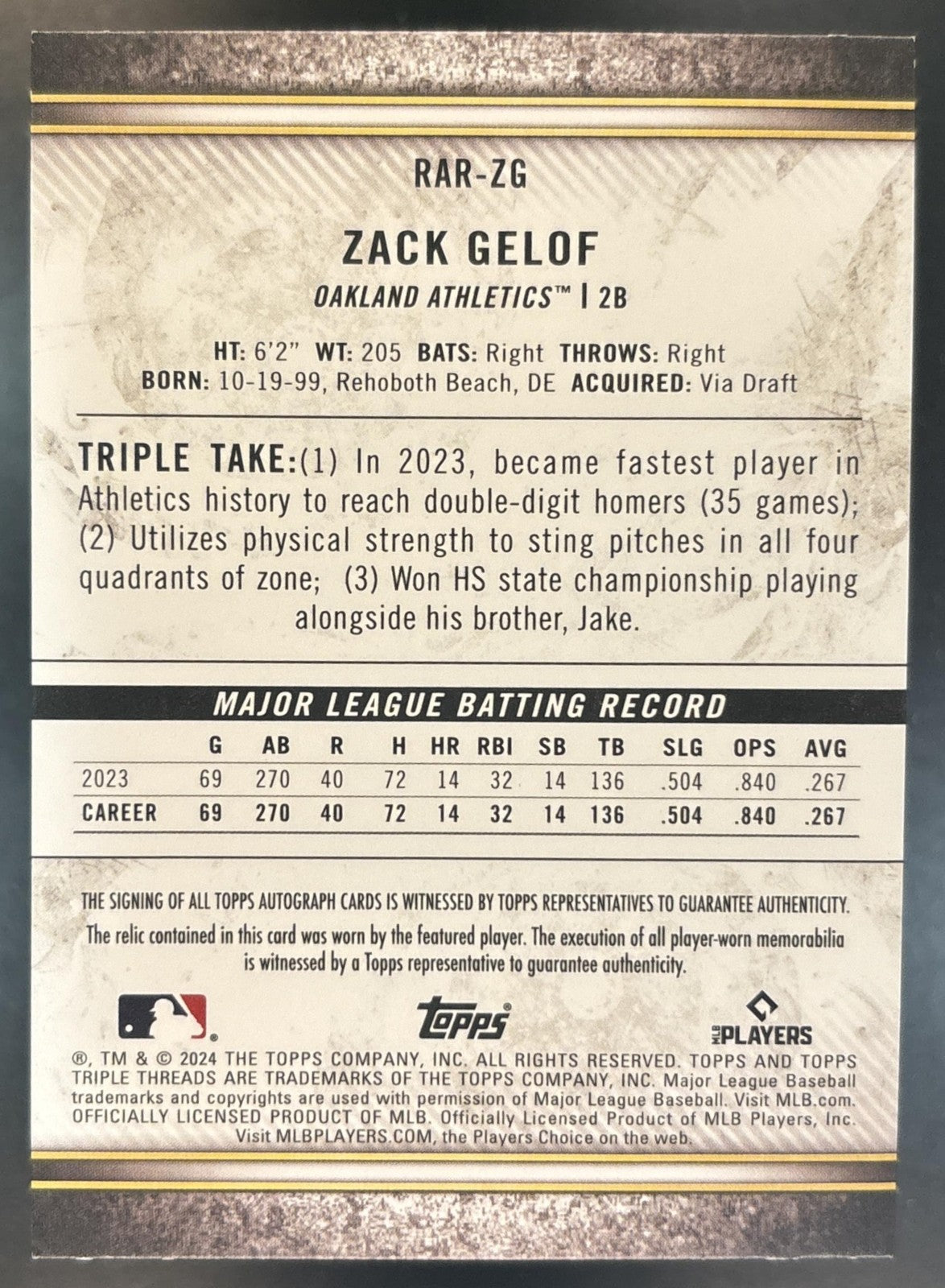 2024 Topps Triple Threads Zack Gelof Rookie Auto Relics /99 RC Athletics