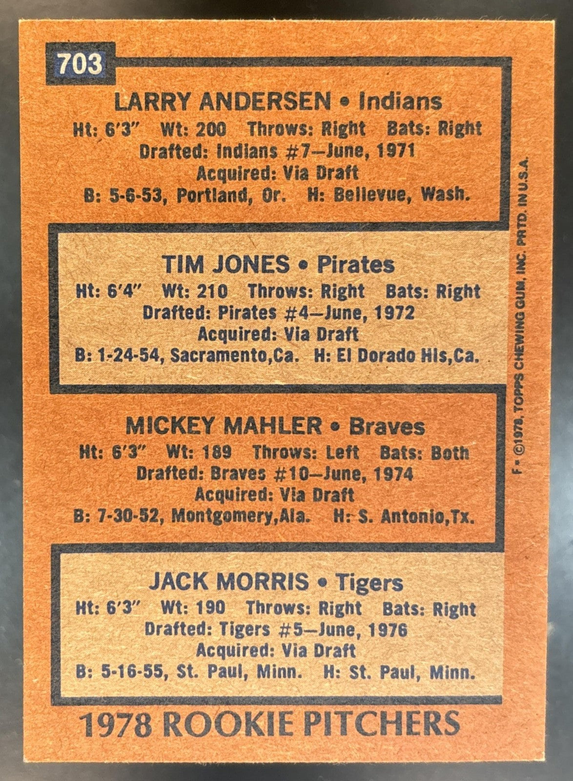1978 Topps Larry Andersen Tim Jones Mickey Mahler Jack Morris #703