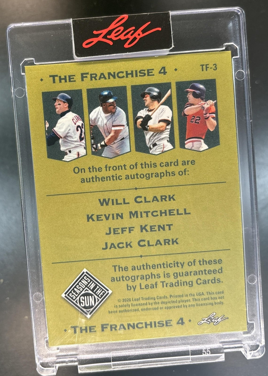 2026 Leaf Seasons in Sun Will Clark Kevin Mitchell Jeff Kent Jack Auto /5 #TF-3
