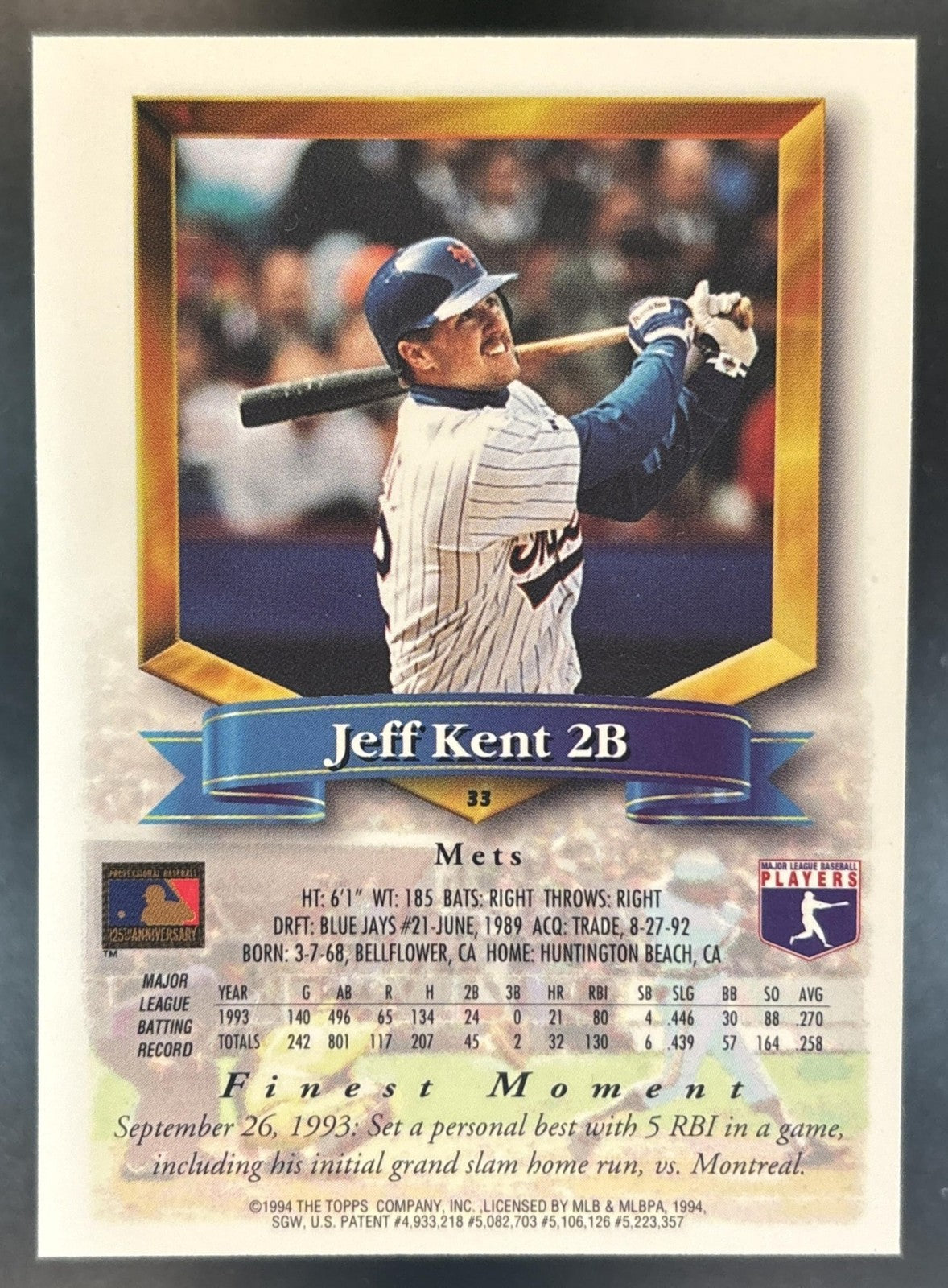 1994 Topps Finest Jeff Kent Refractor #33 New York Mets