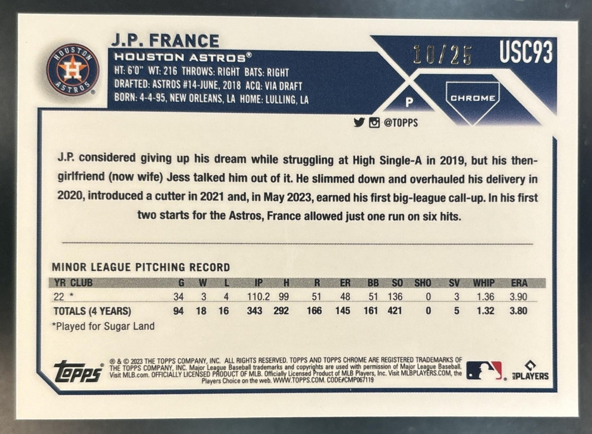 2023 Topps Chrome Update J.P. France Orange /25 #USC93 RC Houston Astros