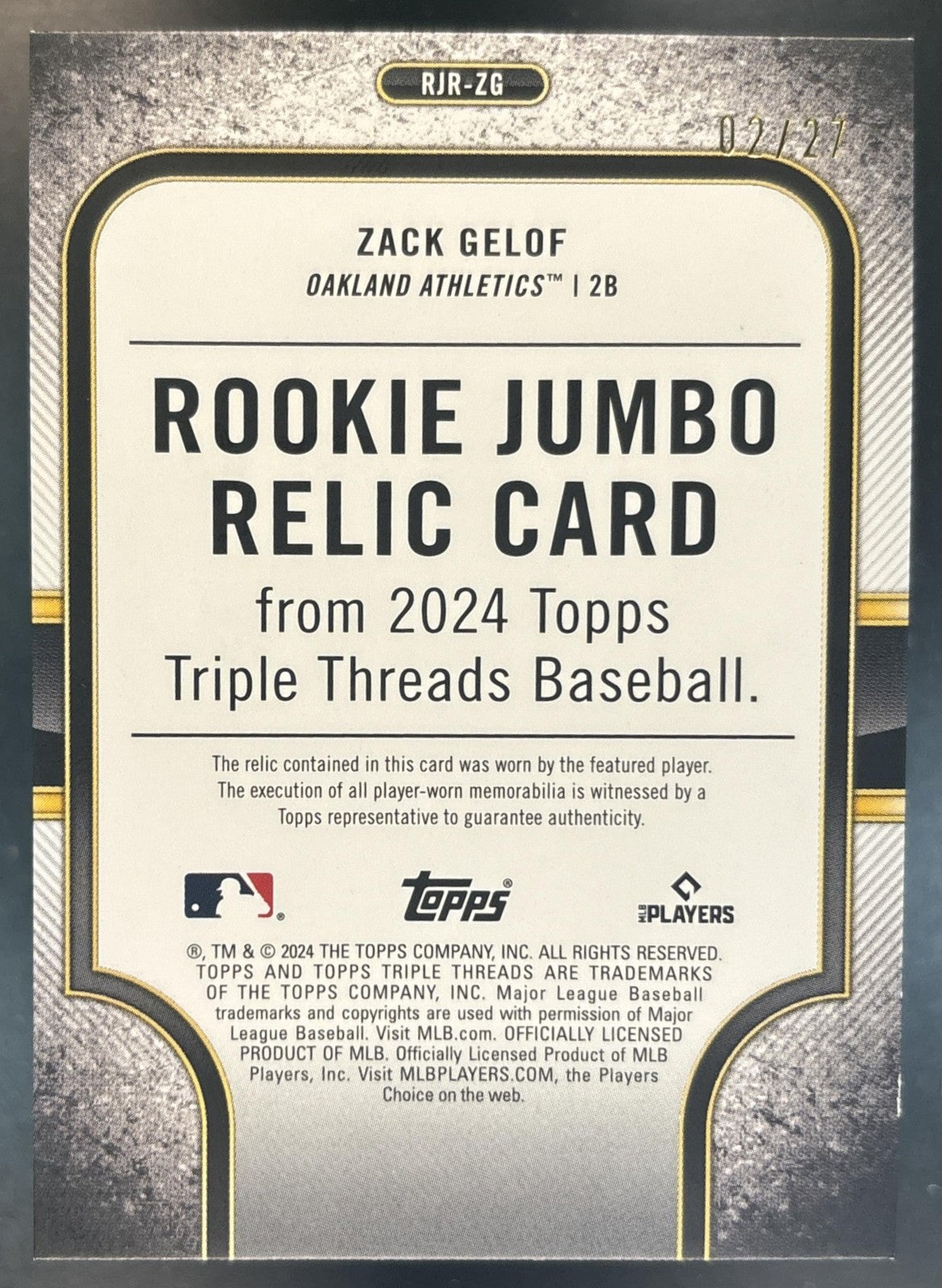 2024 Topps Triple Threads Zack Gelof Rookie Relics Emerald /27 RC Athletics