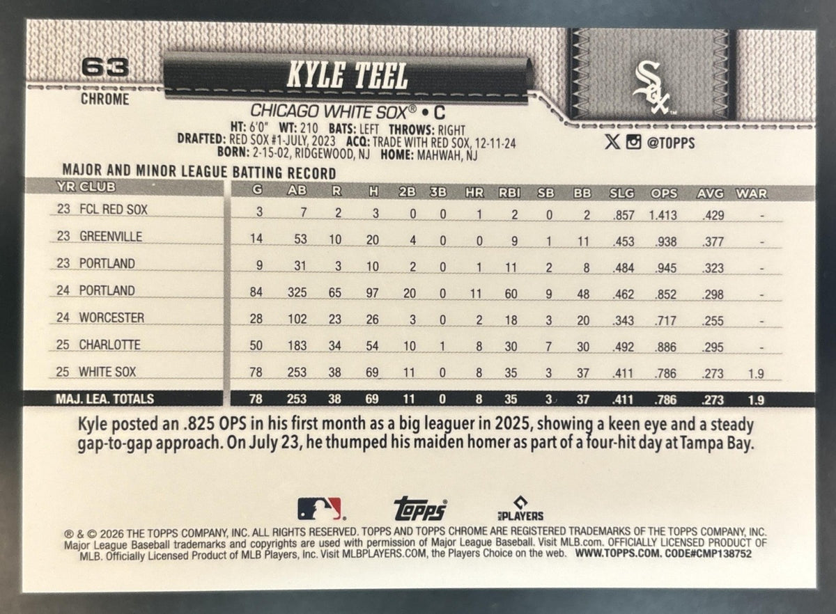 2026 Topps Chrome Kyle Teel Image Variation Purple /75 #63 RC Chicago White Sox