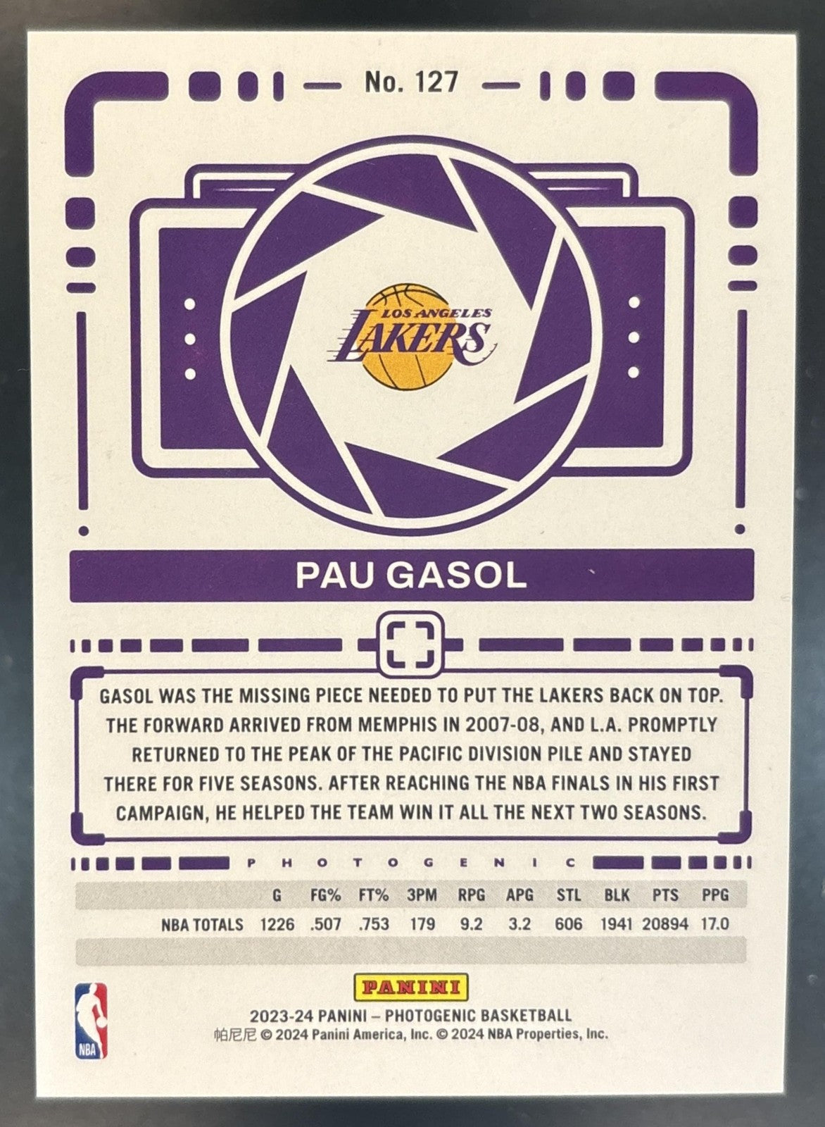 2023-24 Panini Photogenic Pau Gasol Diamond /75 #127 Los Angeles Lakers