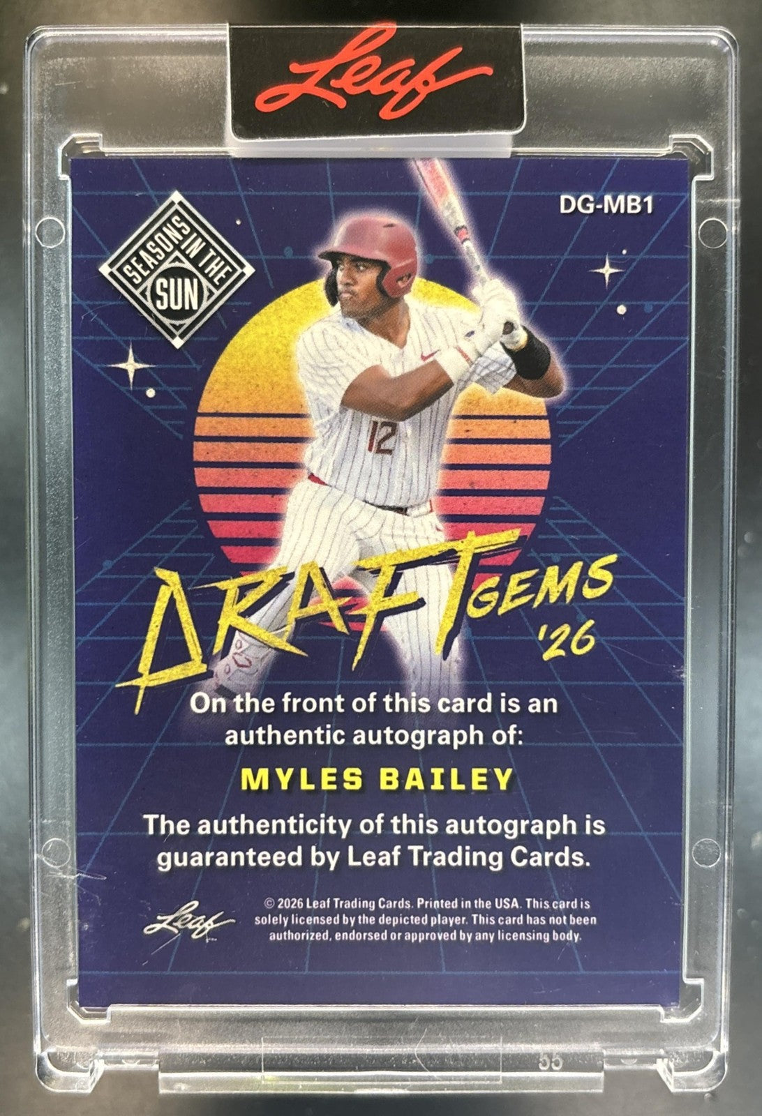 2026 Leaf Seasons in the Sun Myles Bailey Draft Gems '26 Auto Silver /75 #DG-MB1