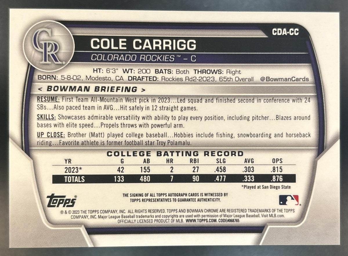 2023 Bowman Draft Cole Carrigg Chrome Auto #CDA-CC 1st Prospect Colorado Rockies