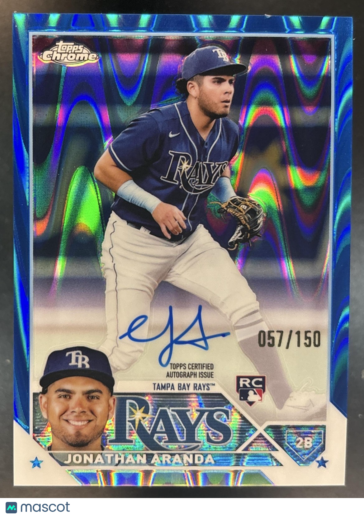 2023 Topps Chrome Jonathan Aranda Auto Blue Ray Wave /150 RC Tampa Bay Rays