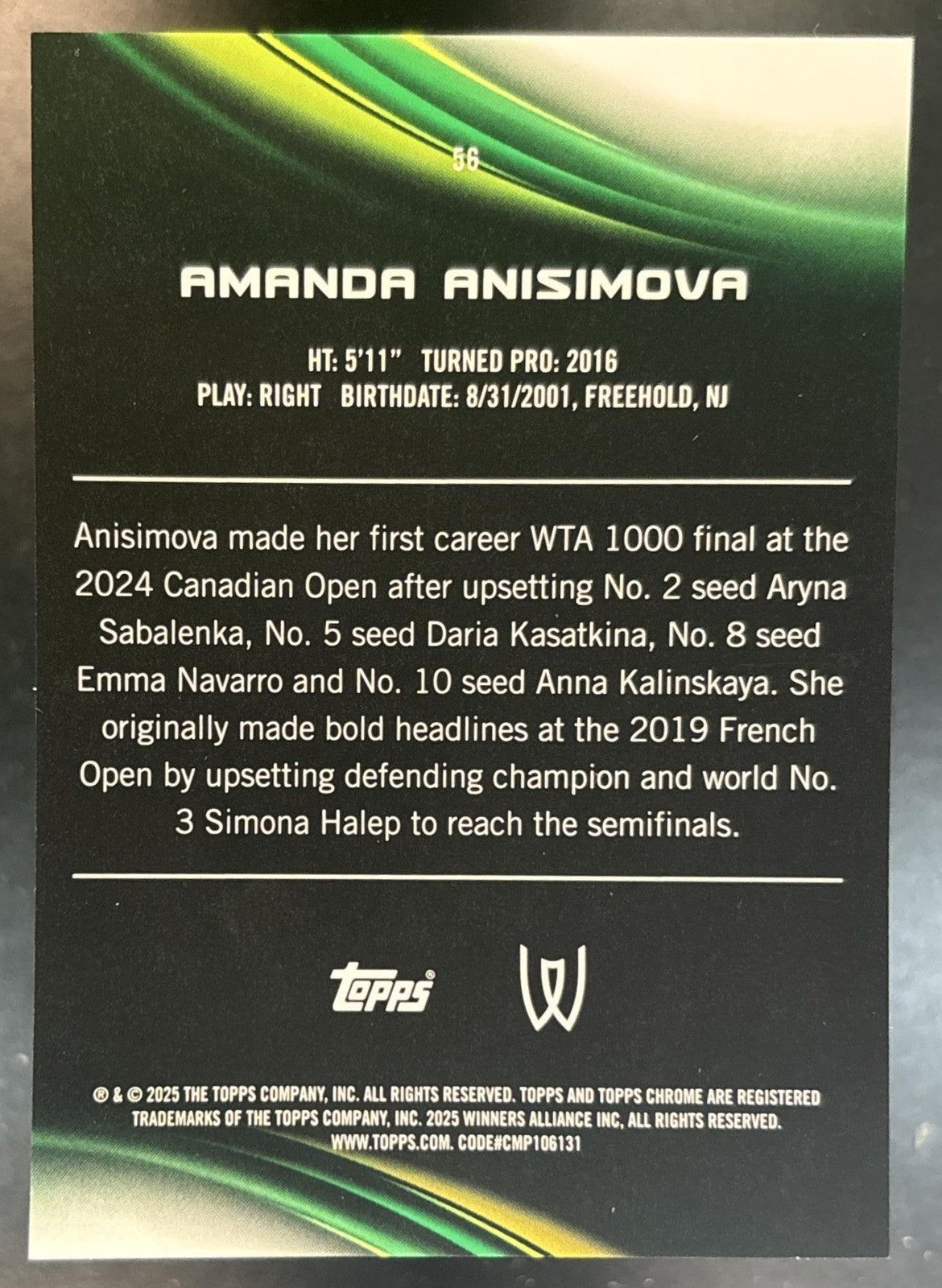 2025 Topps Chrome Amanda Anisimova Pink Geometric Refractor /65 #56