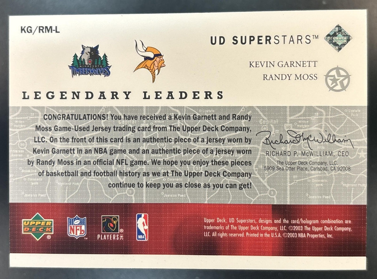 2002 Upper Deck SuperStars Kevin Garnett Randy Moss Legendary Leader Dual Jersey