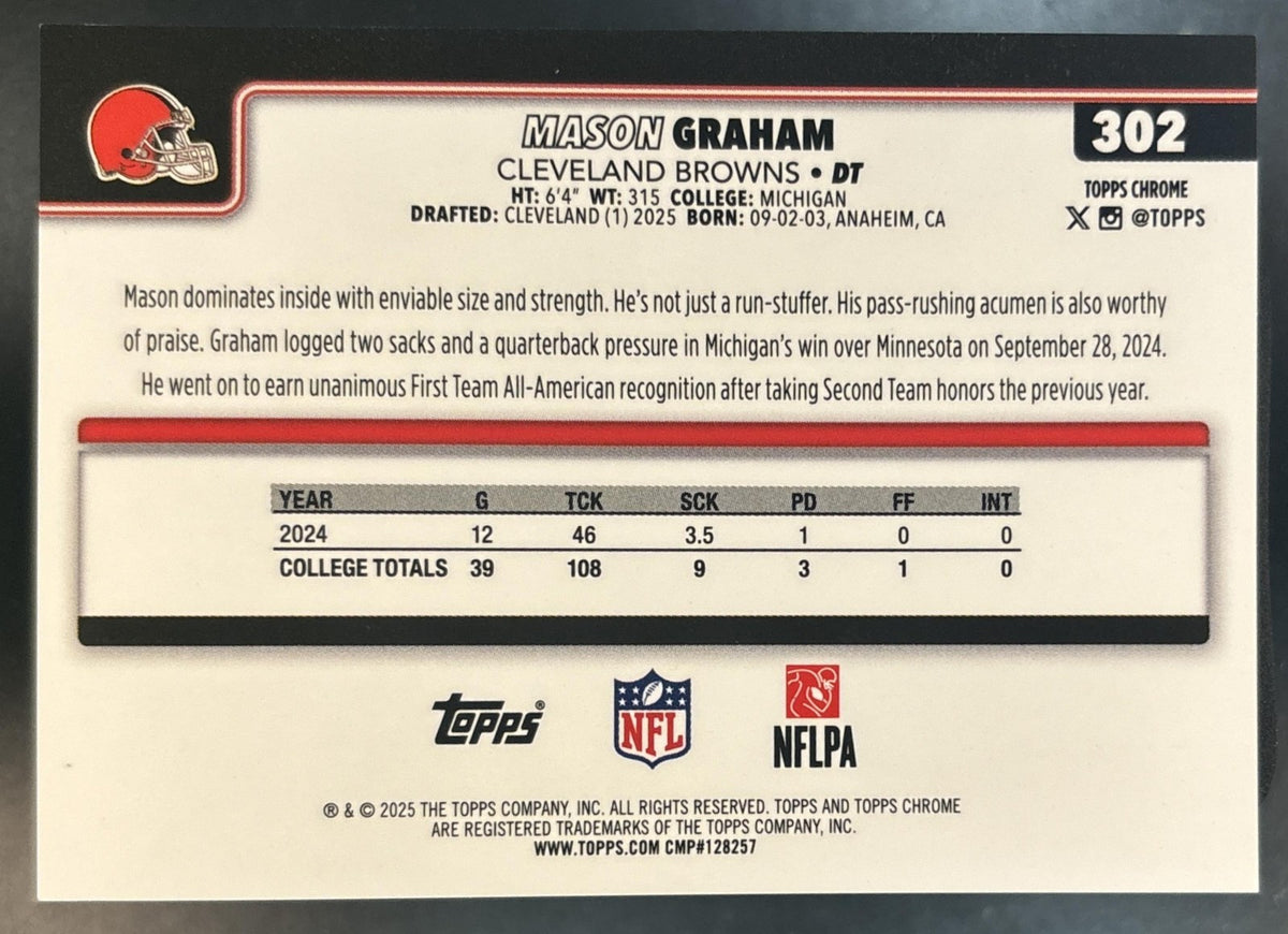 2025 Topps Chrome Sapphire Mason Graham Black /10 #302 RC Cleveland Browns
