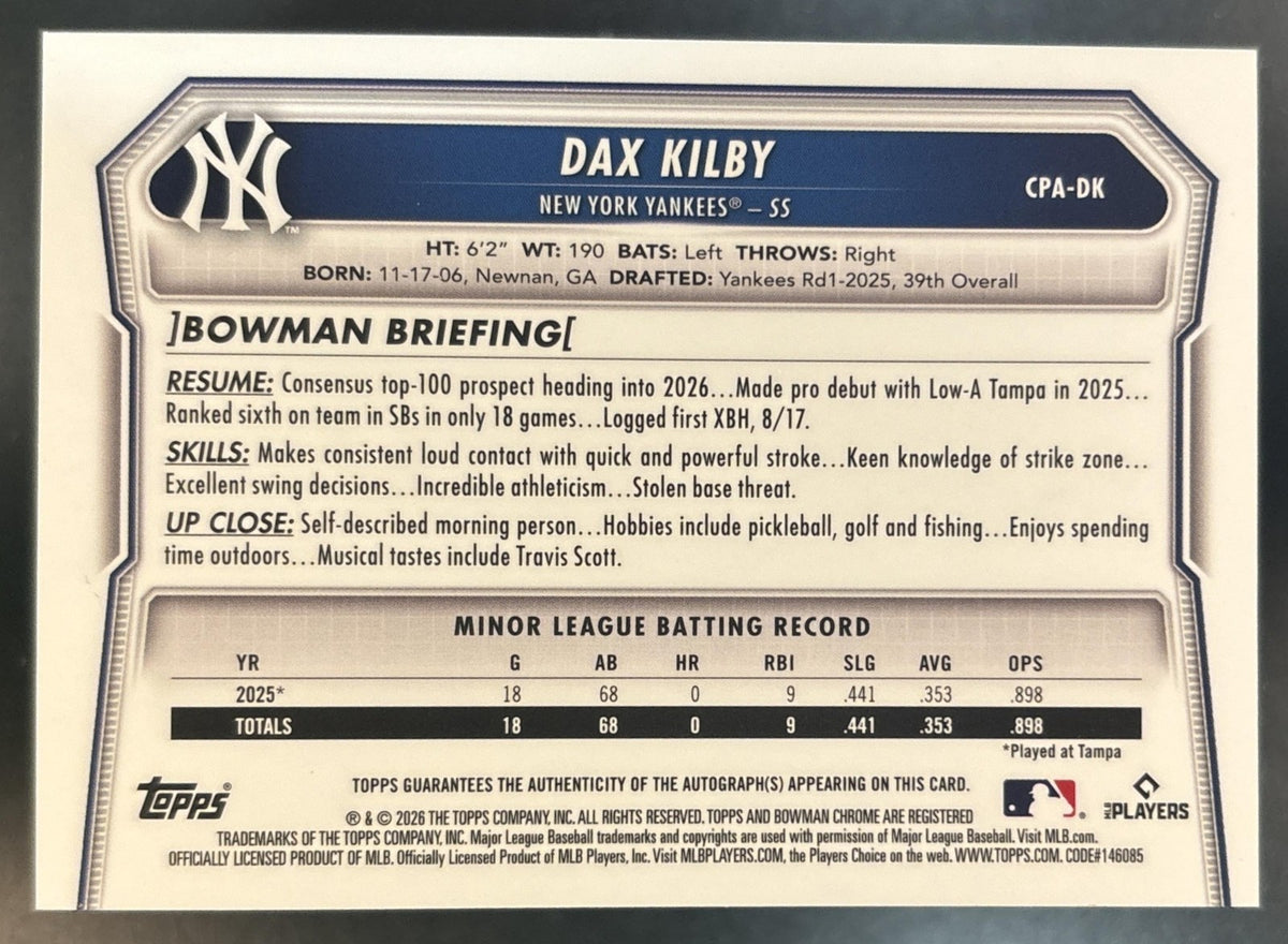 2026 Bowman Chrome Dax Kilby Prospects Auto Reptilian Blue /150 New York Yankees