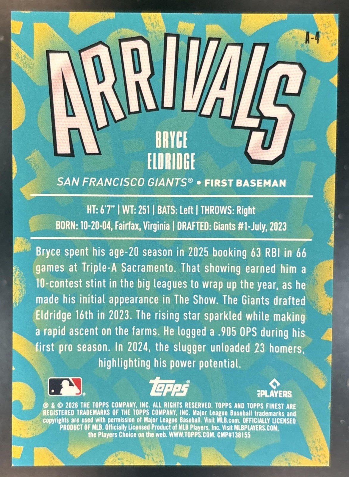 2026 Topps Finest Bryce Eldridge Arrivals Gold /50 #A-4 RC San Francisco Giants