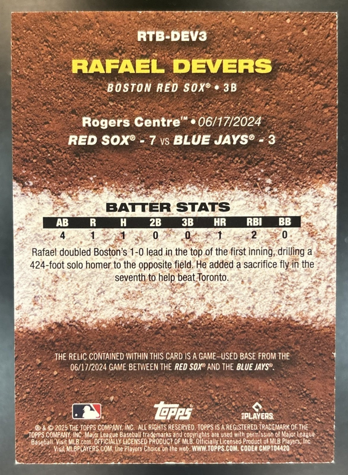 2025 Topps Rafael Devers Rounding the Bases Relics /99 MEM Boston Red Sox