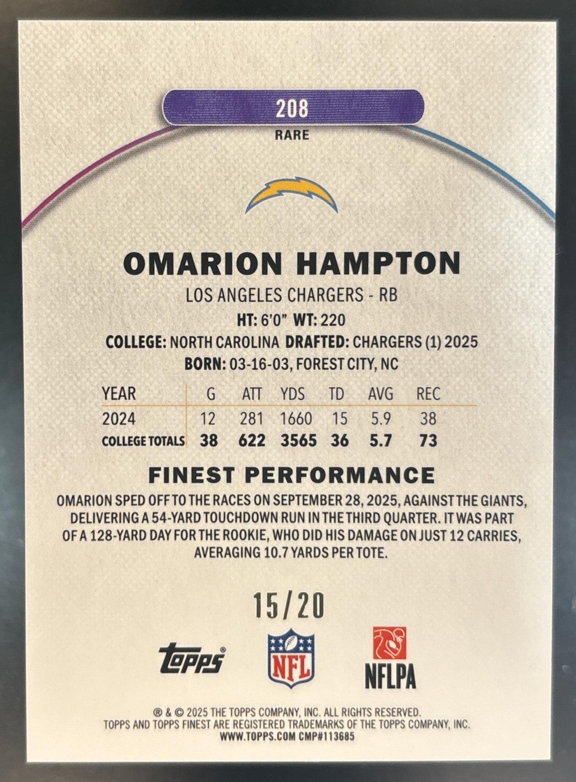 2025 Topps Finest Omarion Hampton Gold Refractor /20 #208 RC Chargers