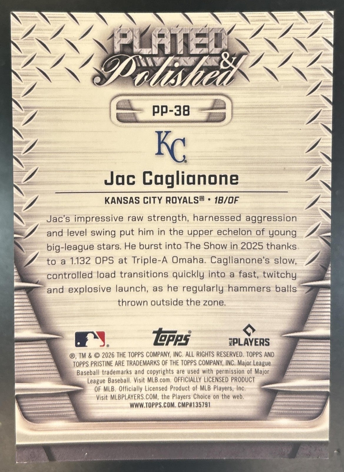 2026 Topps Pristine Jac Caglianone Plated and Polished Blue /75 RC Royals