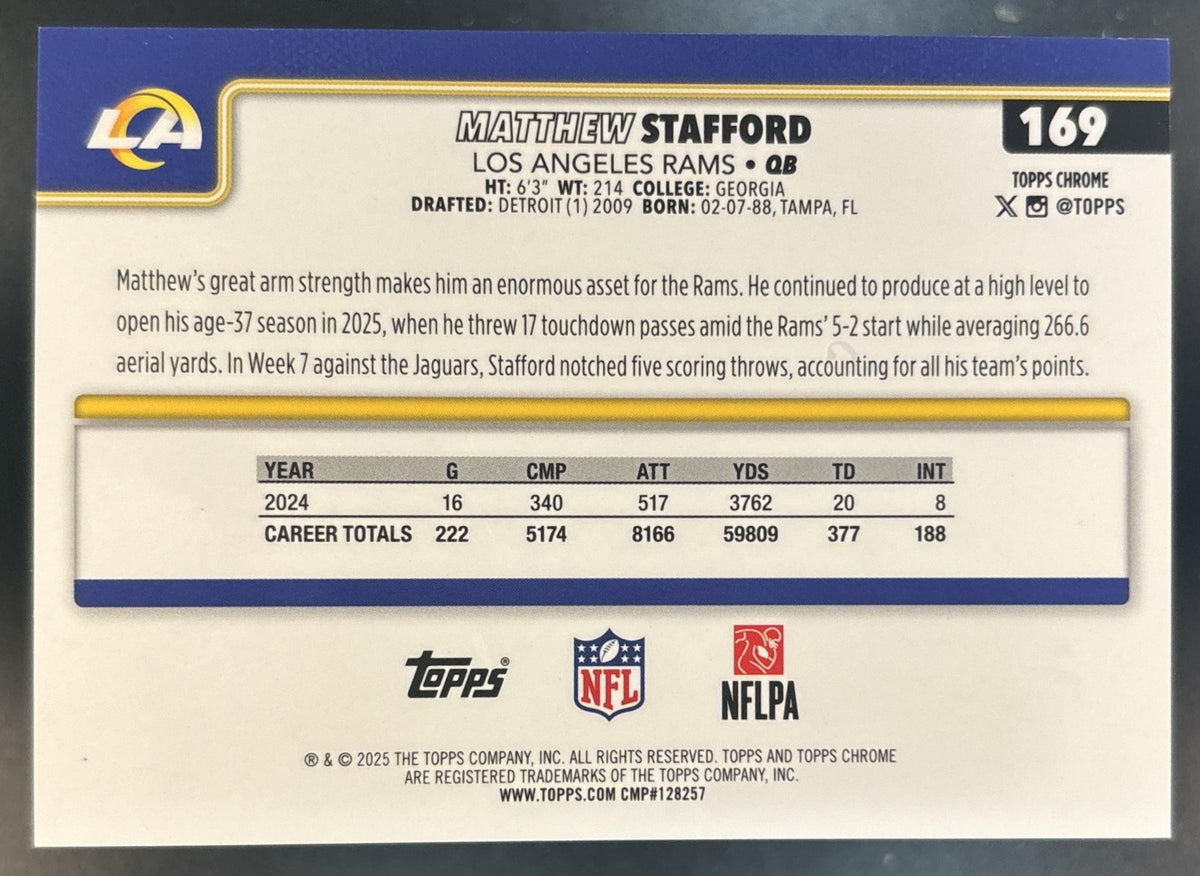 2025 Topps Chrome Matthew Stafford Football Leather Gold /50 #169 Rams