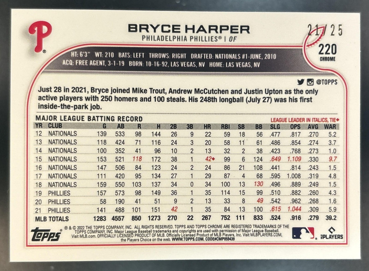 2022 Topps Chrome Sonic Bryce Harper Orange/Black Pulse /25 #220 Phillies