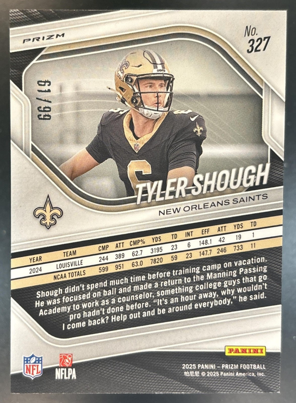 2025 Panini Prizm Tyler Shough Purple Wave /99 #327 RC New Orleans Saints