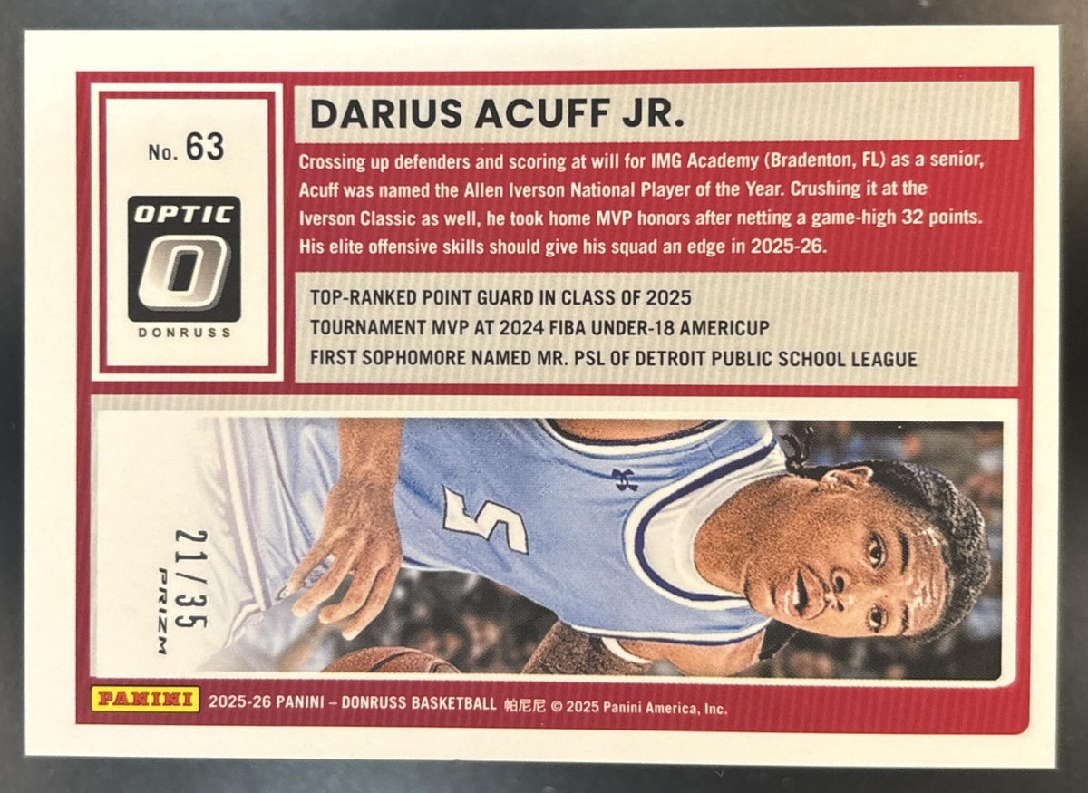 2025-26 Donruss Darius Acuff Jr. Optic White Velocity /35 #63 RC Razorbacks