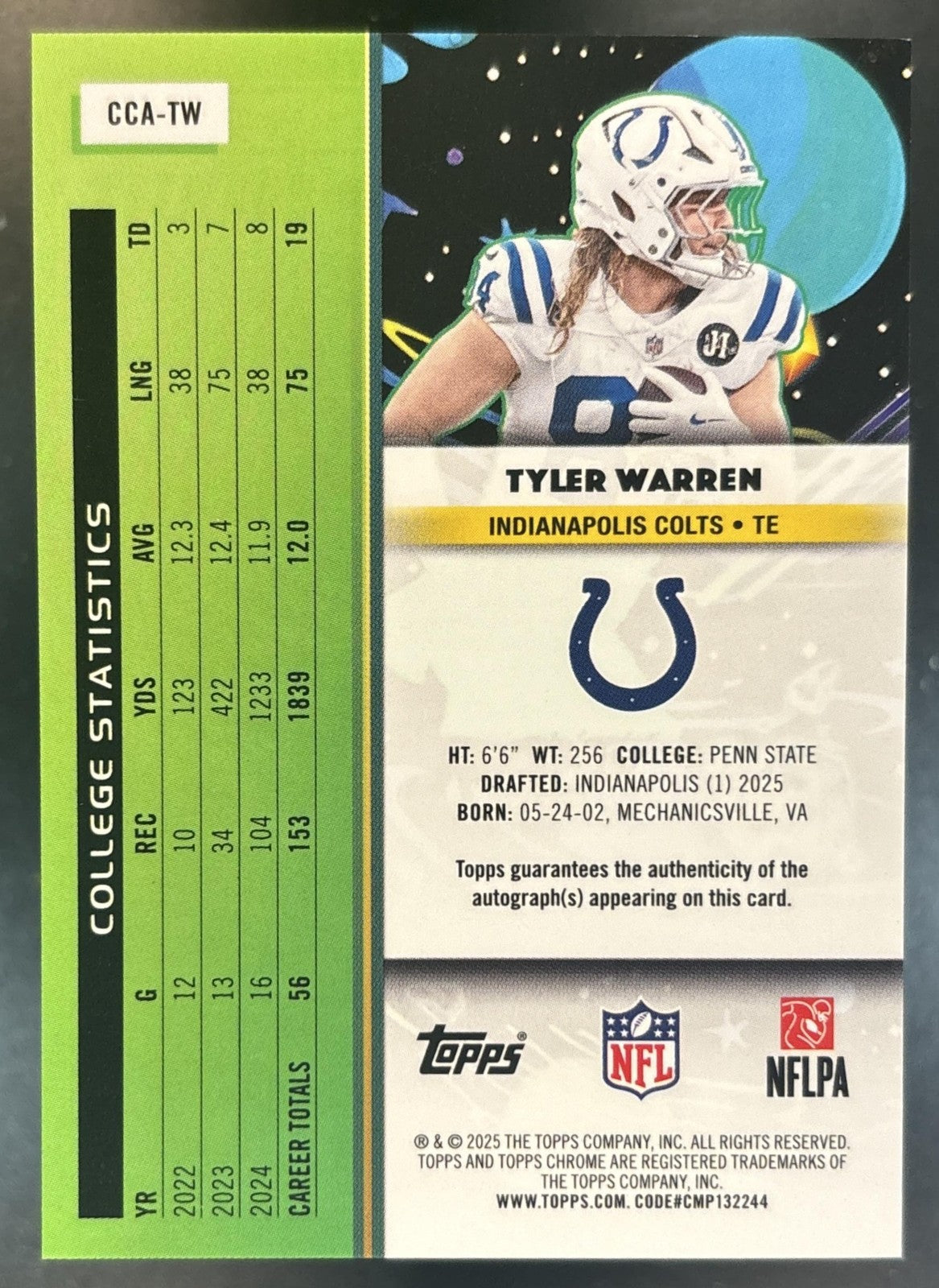 2025 Topps Cosmic Chrome Tyler Warren Auto Orange Galactic /25 RC Colts
