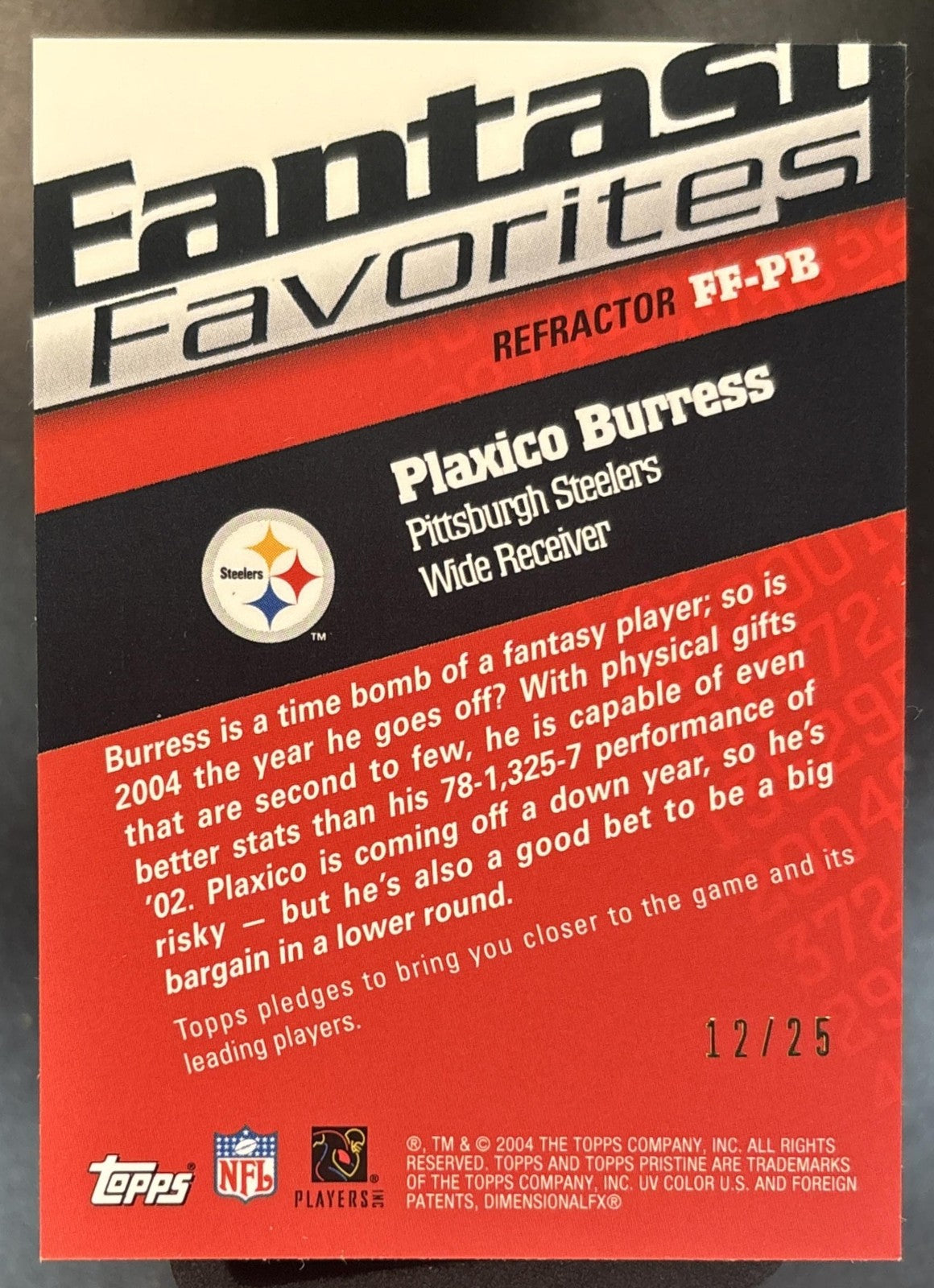 2004 Topps Pristine Plaxico Burress Fantasy Favorites Jersey Refractor /25