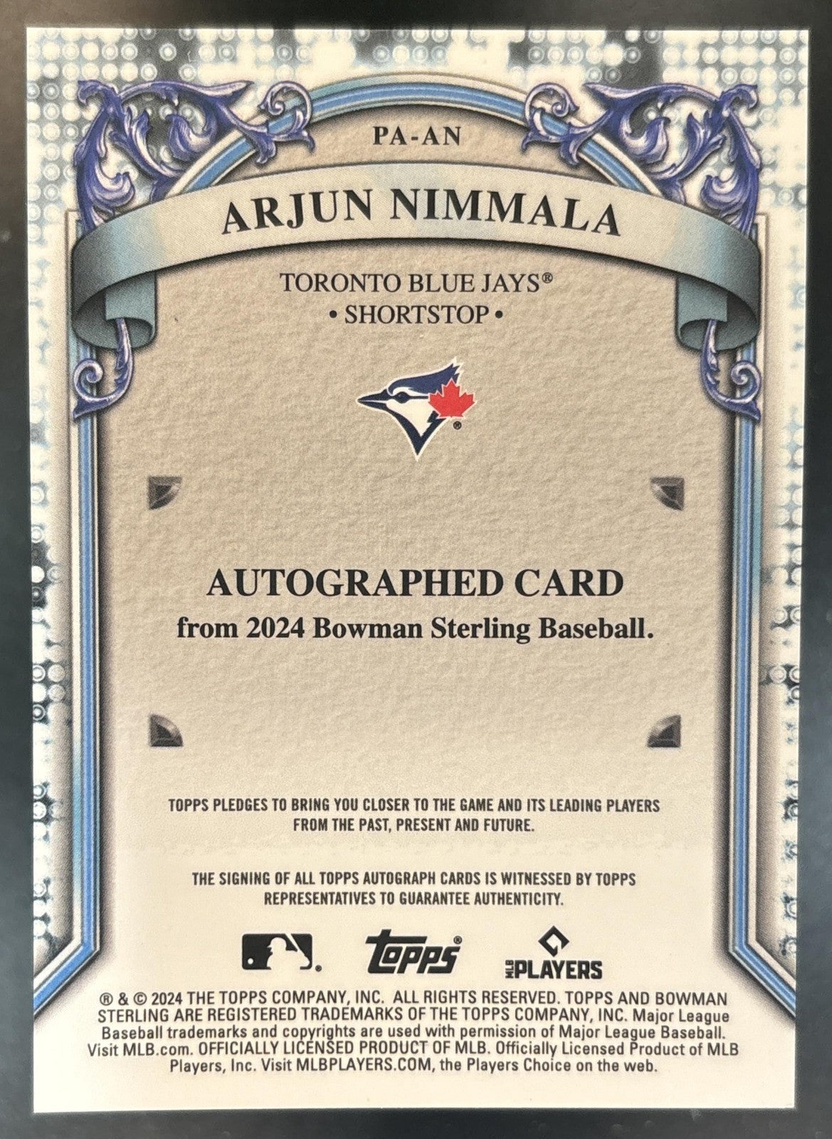 2024 Bowman Sterling Arjun Nimmala Prospect Auto Toronto Blue Jays