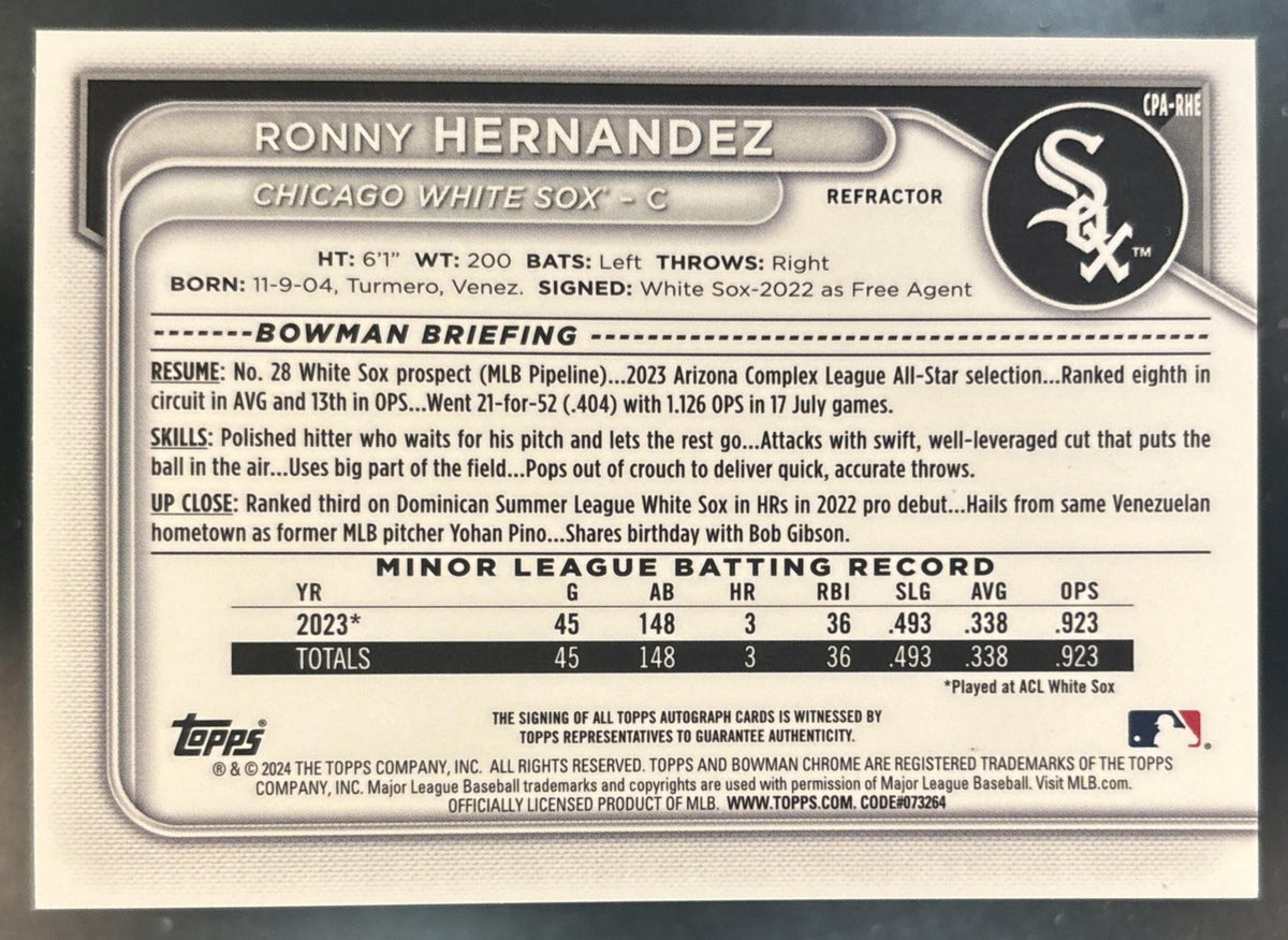 2024 Bowman Ronny Hernandez Chrome Auto Refractor /499 1st Prospect White Sox