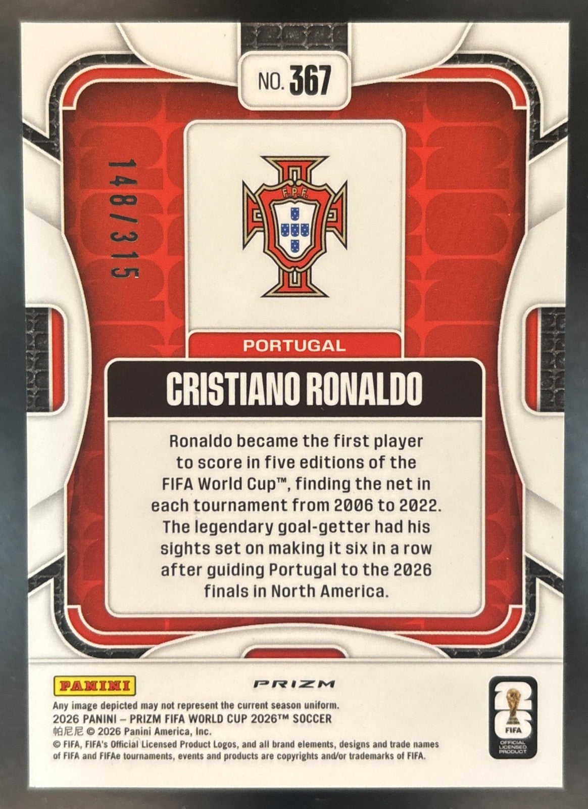 2026 Panini Prizm World Cup Cristiano Ronaldo Orange Flash /315 #367 Portugal