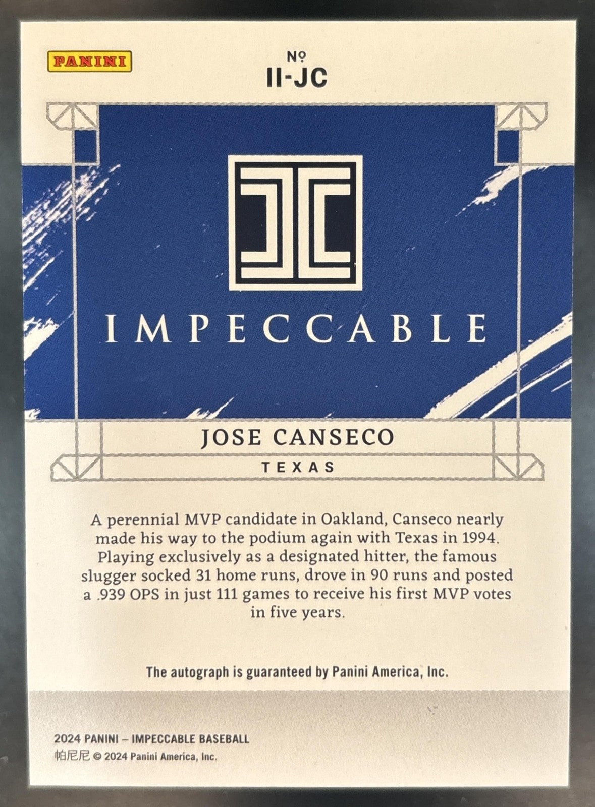 2024 Impeccable Jose Canseco Indelible Ink Holo Silver /25 Auto Texas Rangers