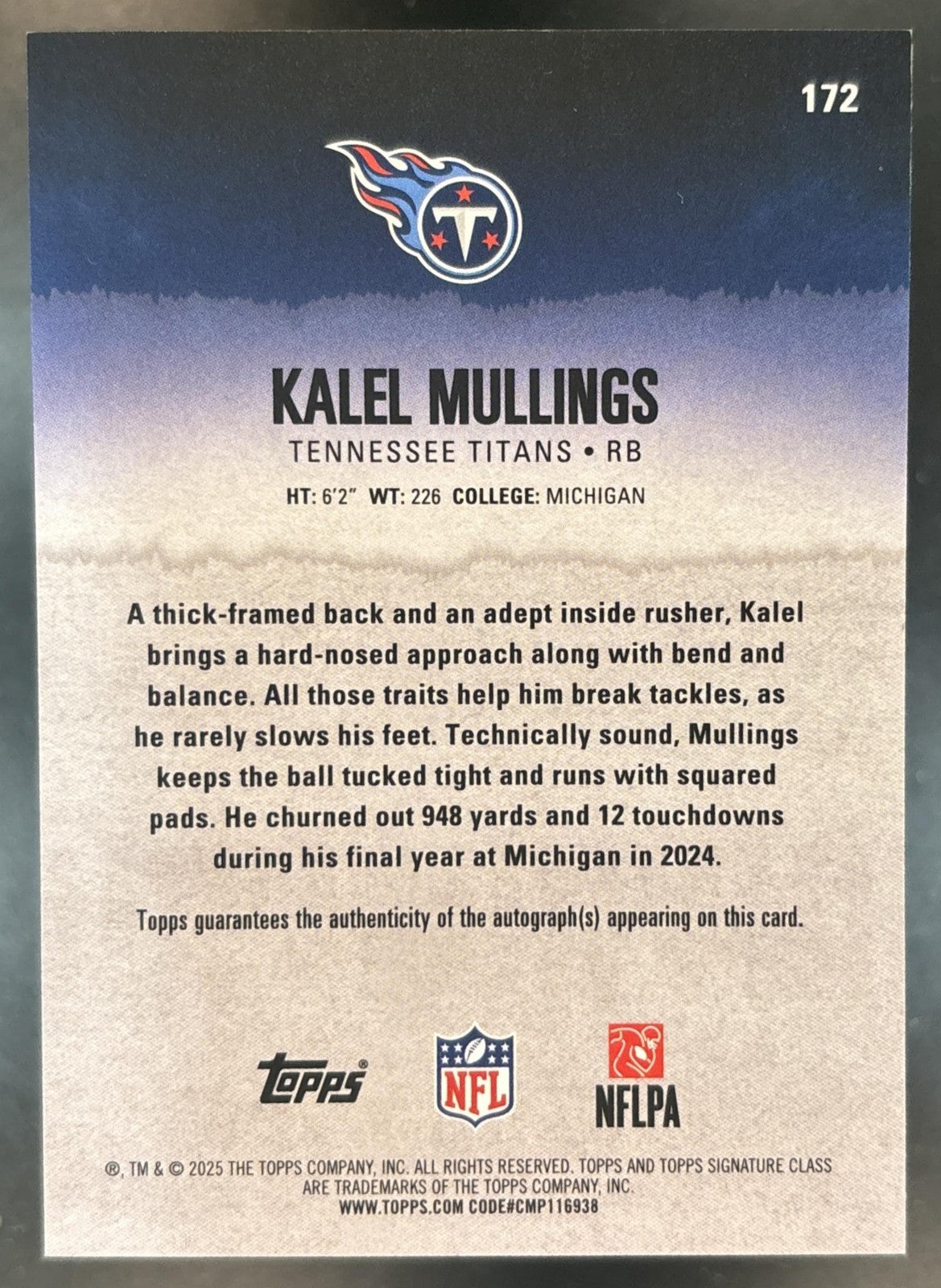 2025 Topps Signature Class Kalel Mullings Chrome Auto Black 1/10 #172 RC Titans