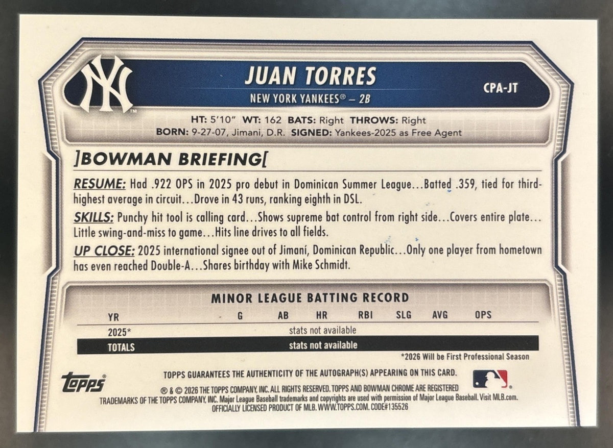 2026 Bowman Chrome Juan Torres Prospects Auto #CPA-JT New York Yankees