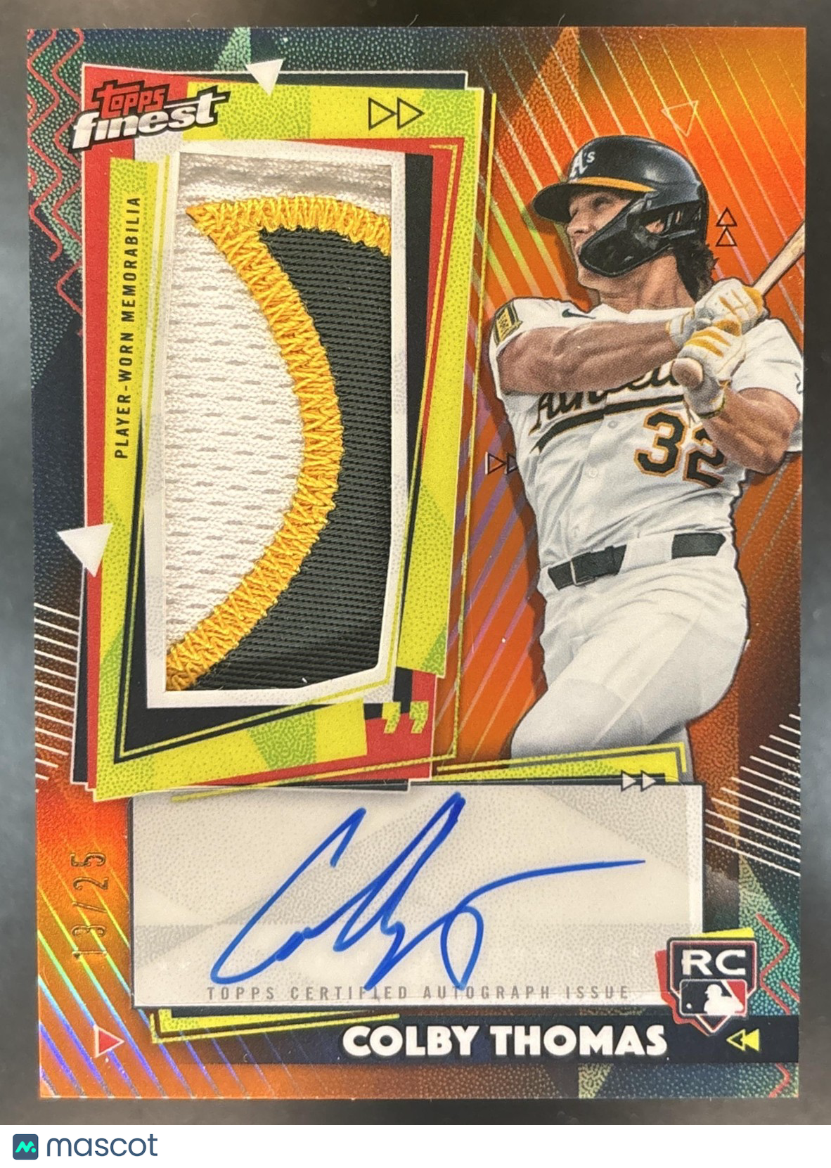 2026 Topps Finest Colby Thomas Rookie Patch Auto Orange /25 MEM RC Athletics