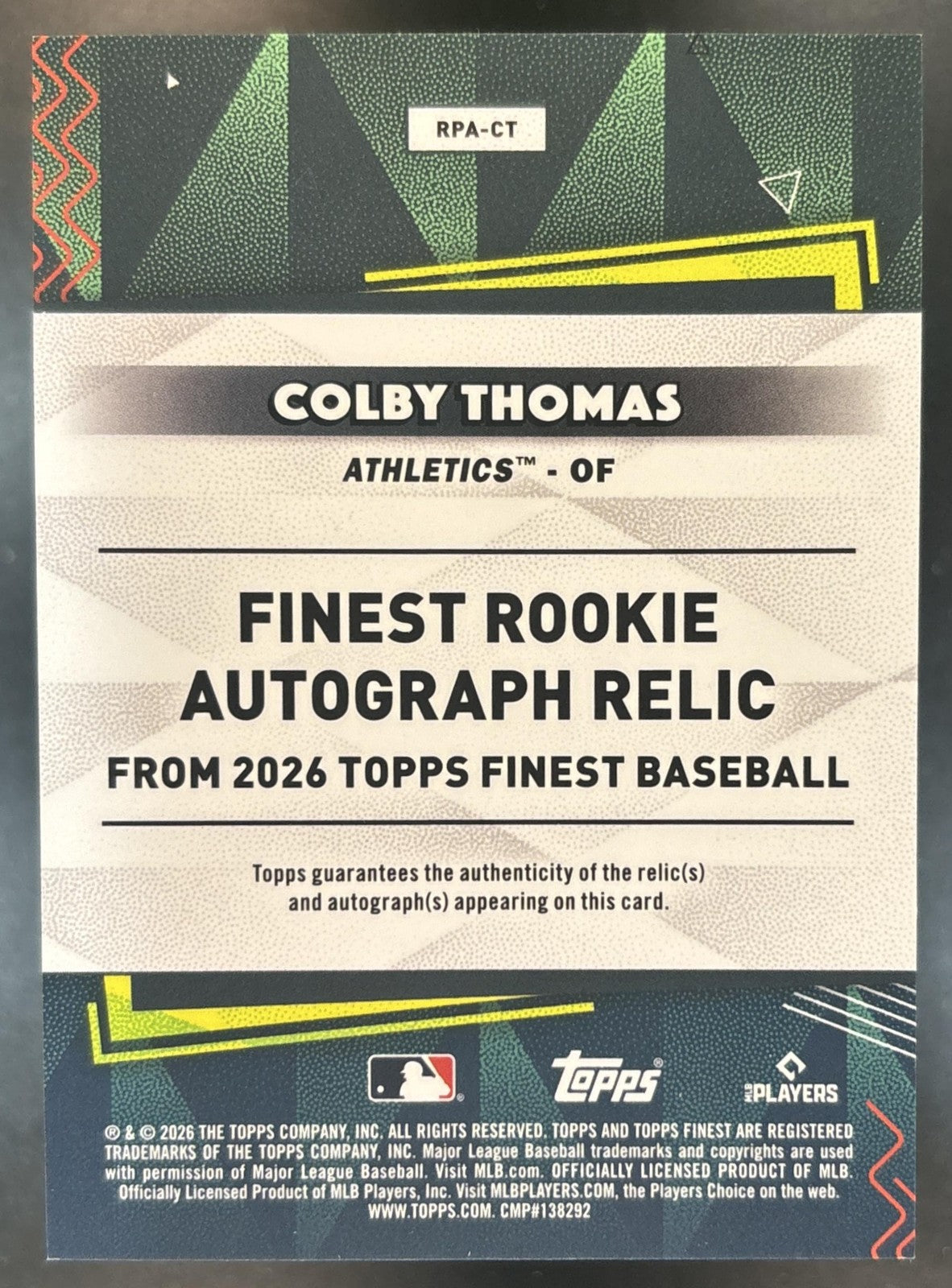 2026 Topps Finest Colby Thomas Rookie Patch Auto Orange /25 MEM RC Athletics