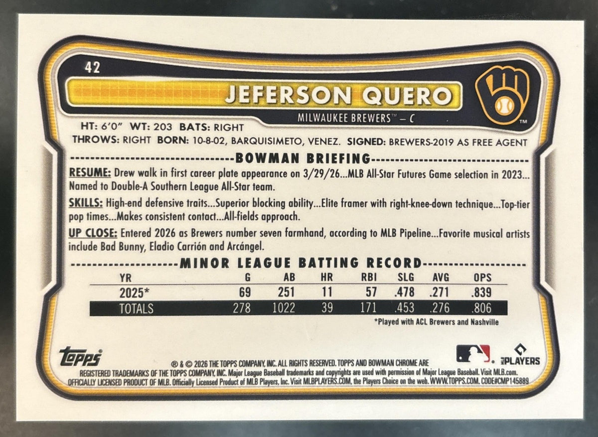 2026 Bowman Chrome Jeferson Quero Gold Refractor /50 #42 RC Milwaukee Brewers