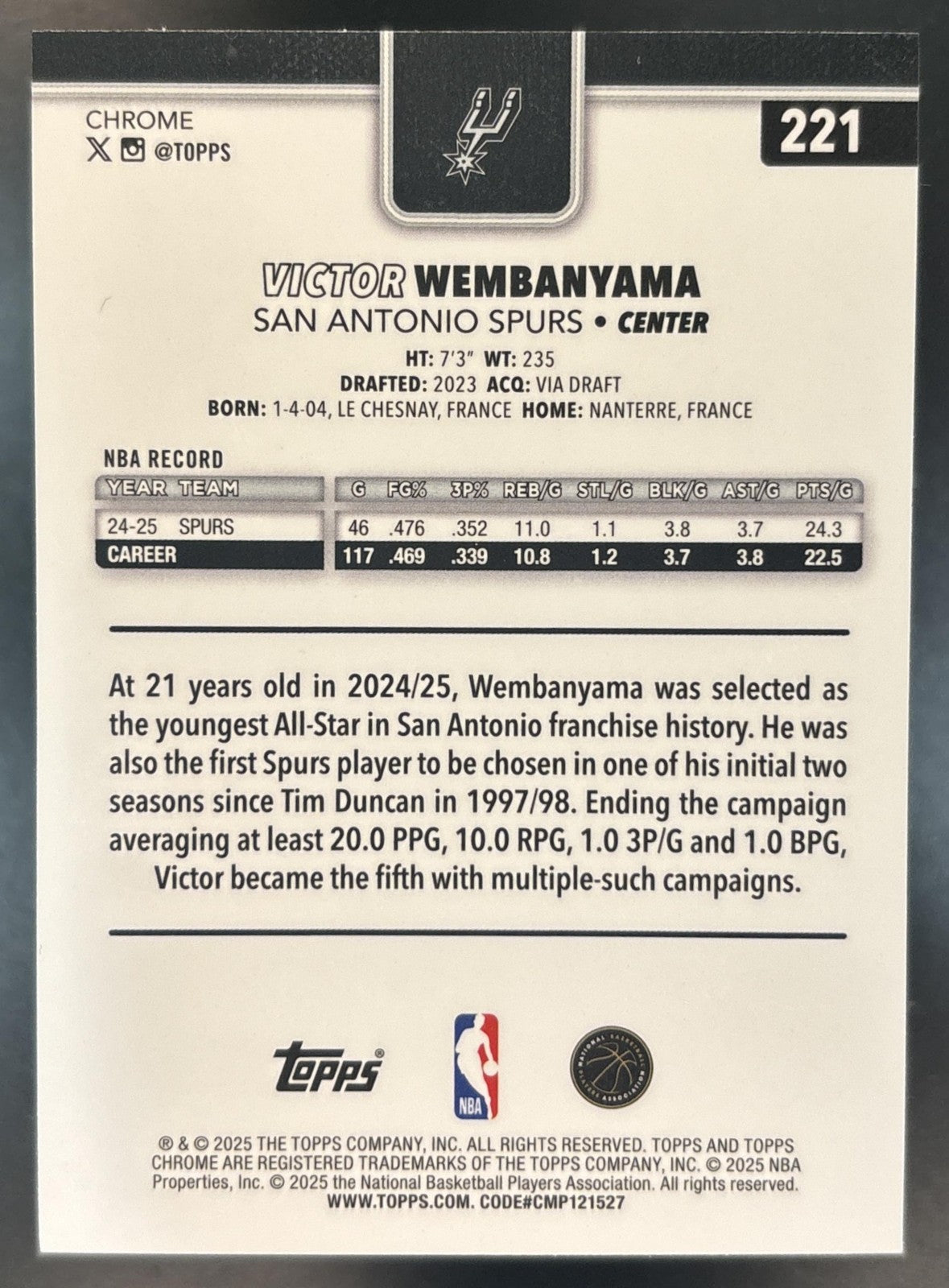 2025-26 Topps Chrome Victor Wembanyama Red, White & Blue #221 San Antonio Spurs