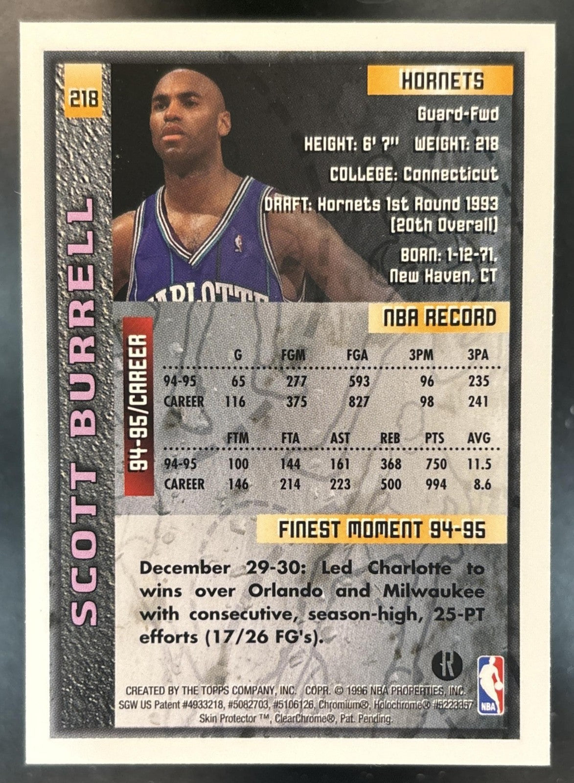 1995-96 Topps Finest Scott Burrell Refractor #218 Charlotte Hornets