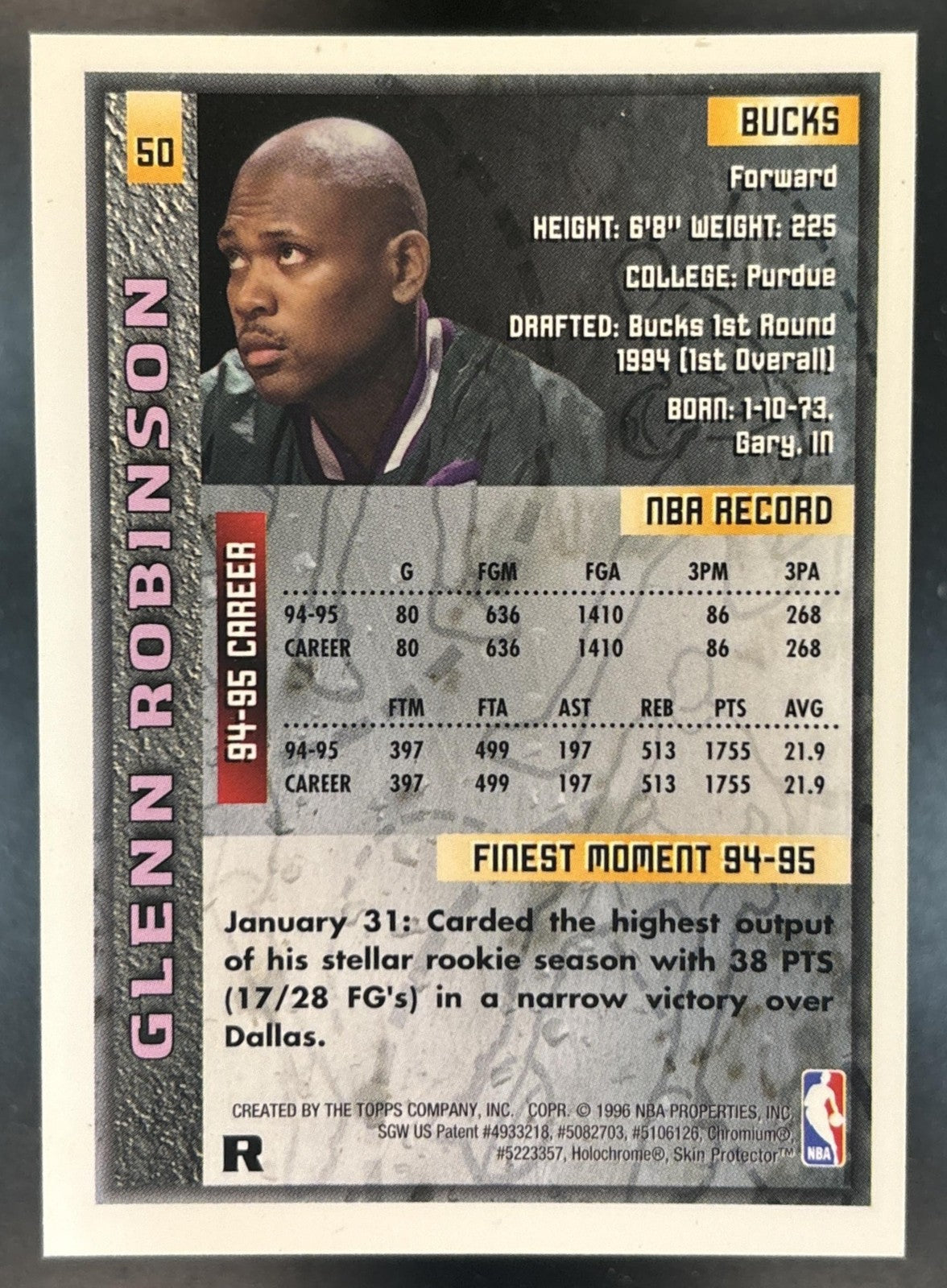1995-96 Topps Finest Glenn Robinson Refractor #50 Milwaukee Bucks