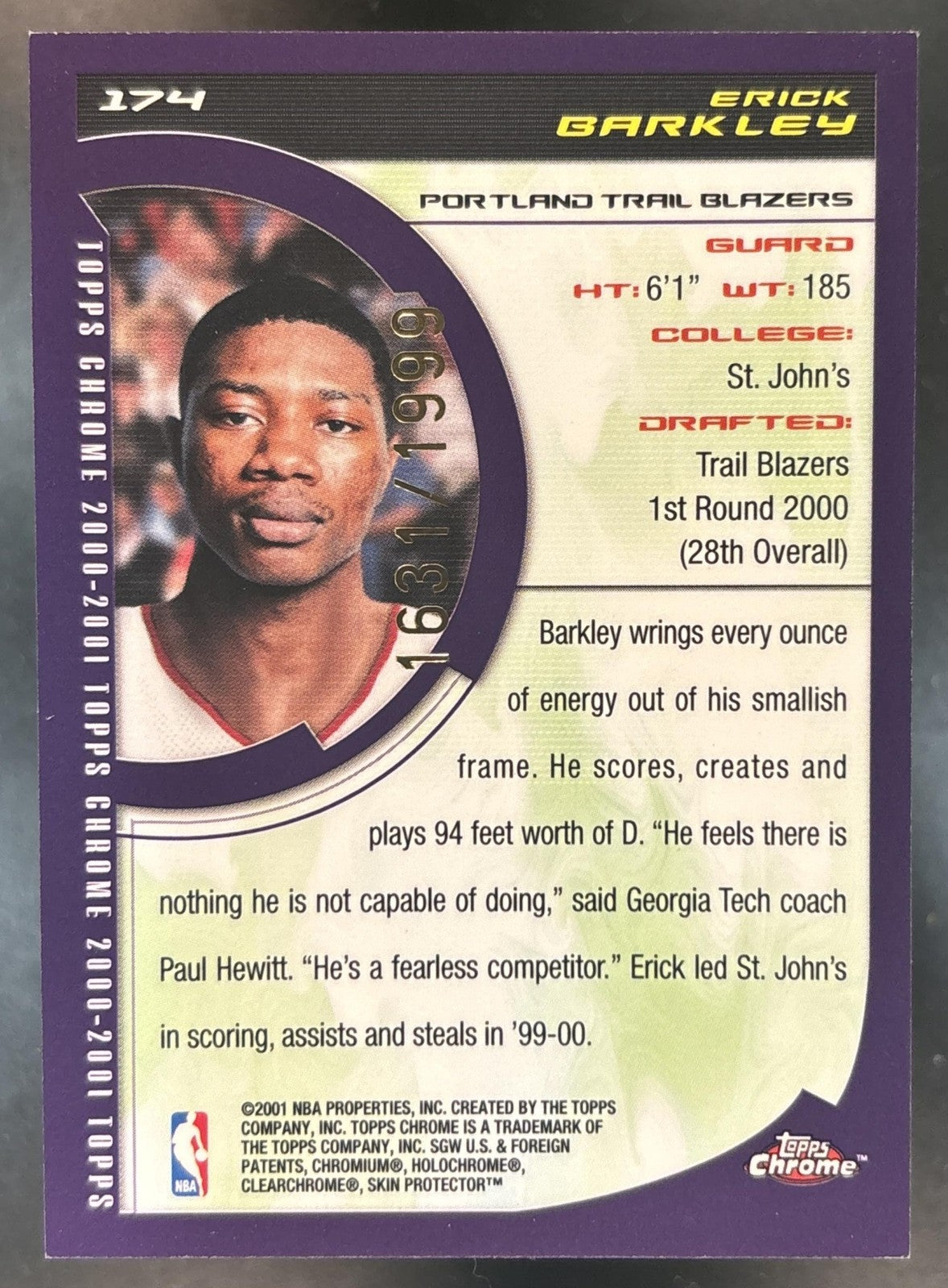 2000-01 Topps Chrome Erick Barkley /1999 #174 RC Portland Trail Blazers