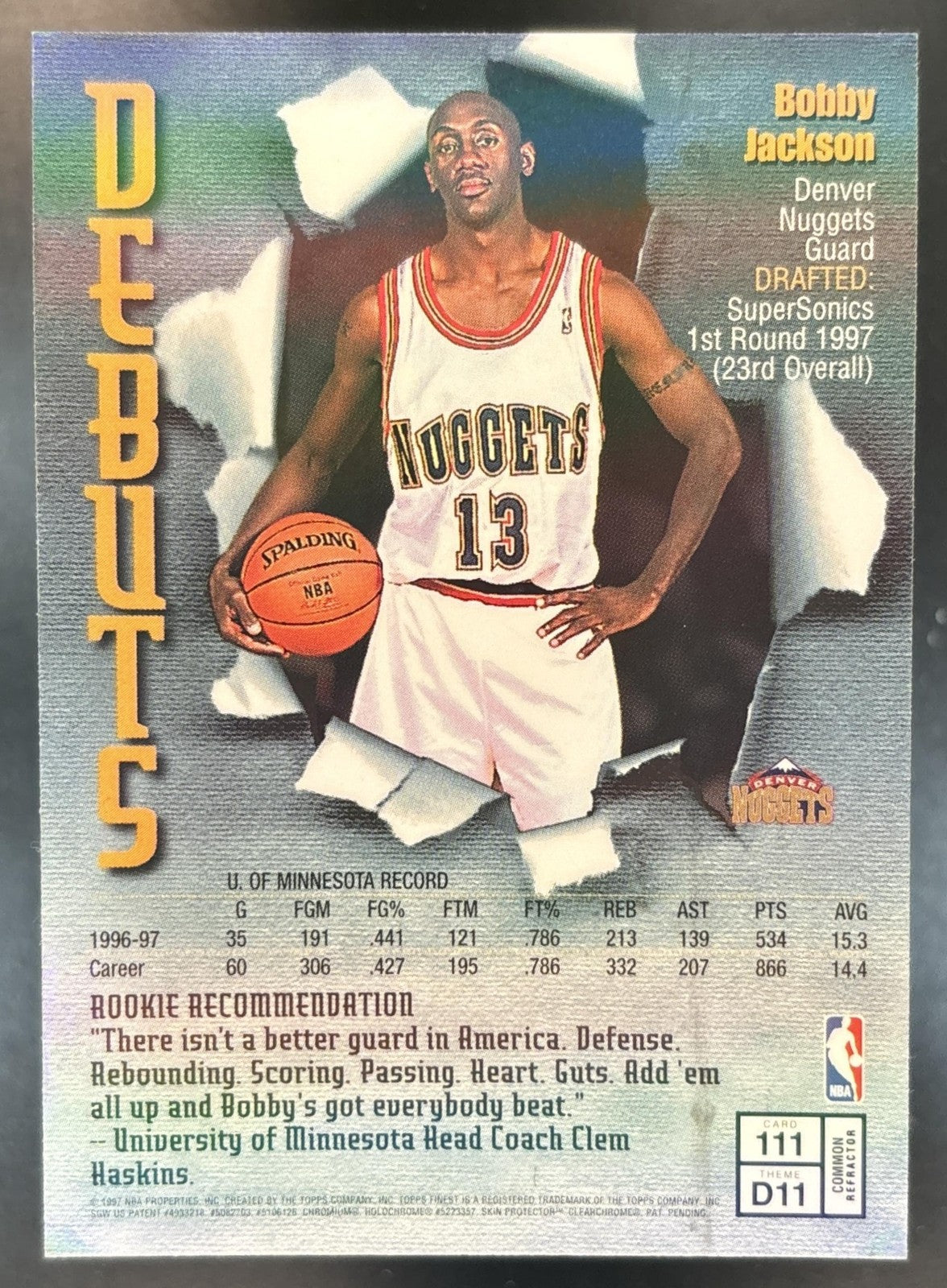 1997-98 Topps Finest Bobby Jackson Refractor #111 RC Bronze Denver Nuggets