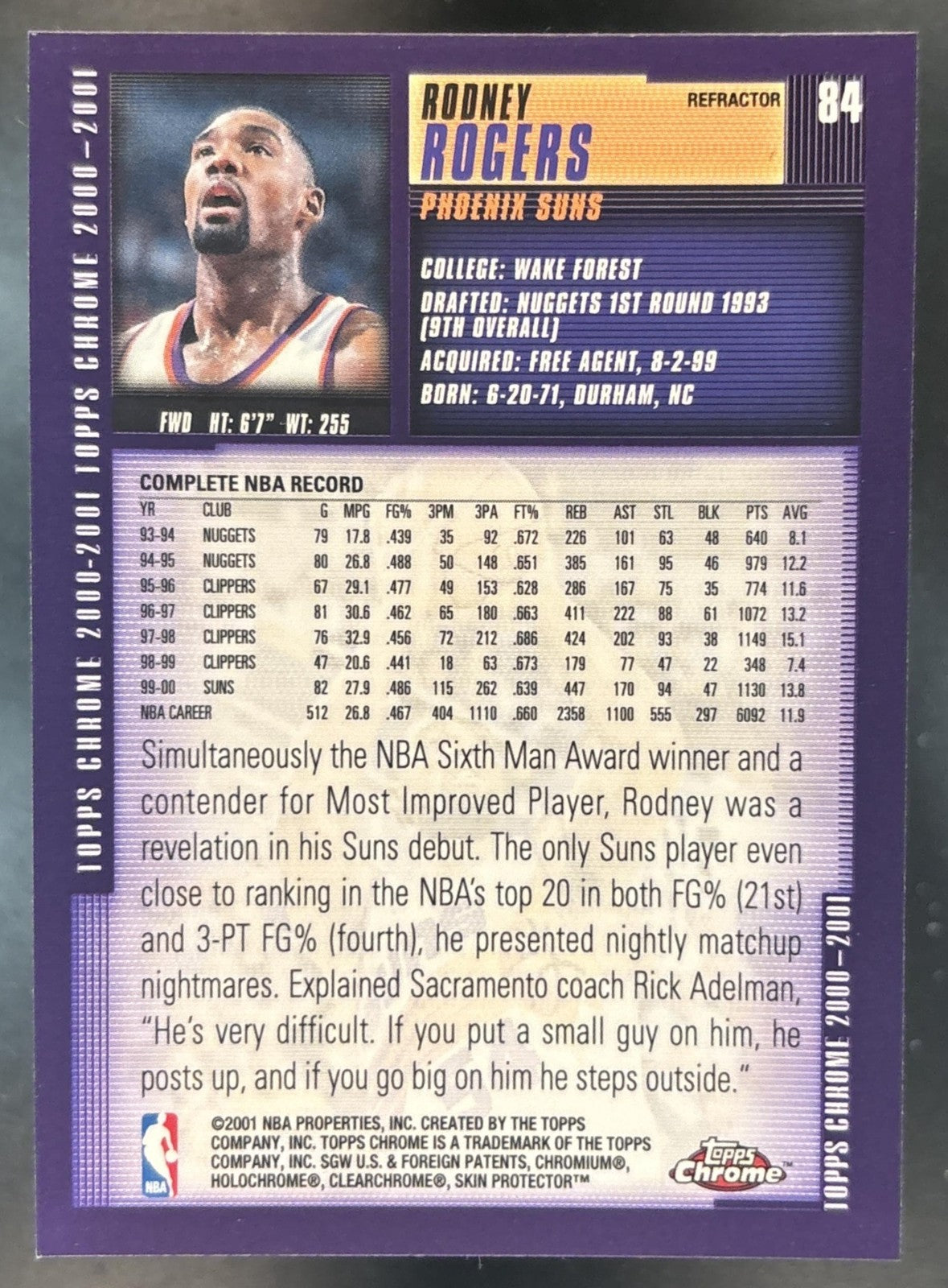 2000-01 Topps Chrome Rodney Rogers Refractor #84 Phoenix Suns