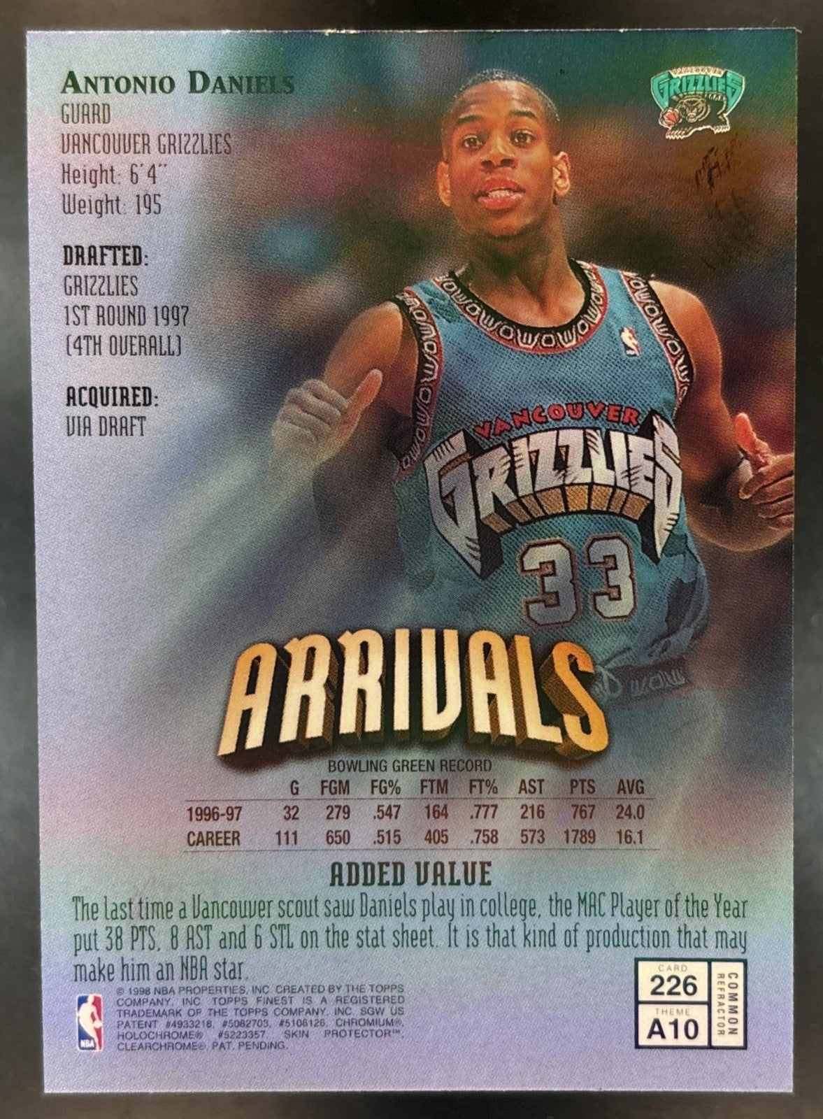 1997-98 Topps Finest Antonio Daniels Refractor #226 RC Bronze Grizzlies