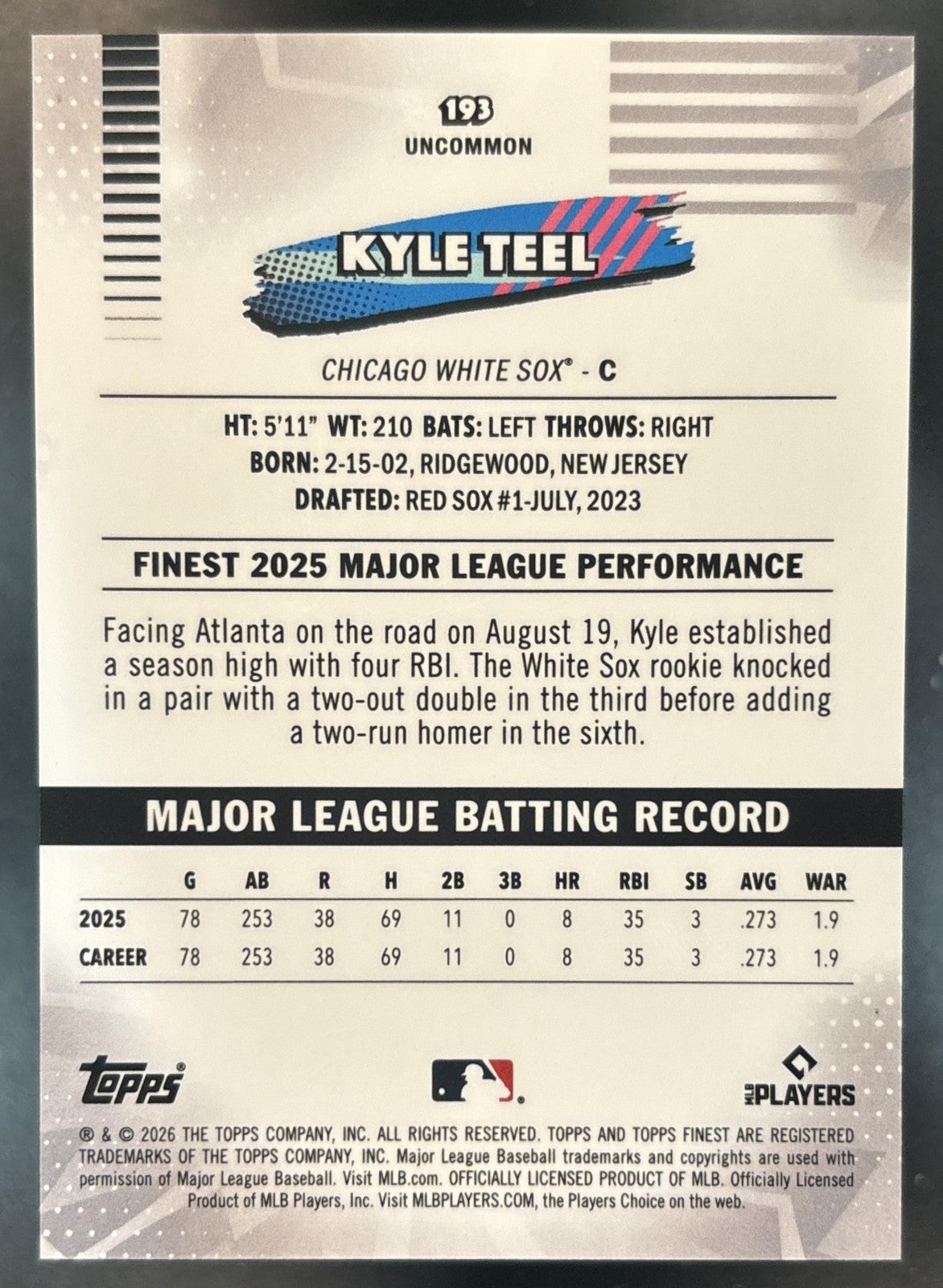 2026 Topps Finest Kyle Teel Uncommon Black Mini-Diamond /10 #193 RC White Sox