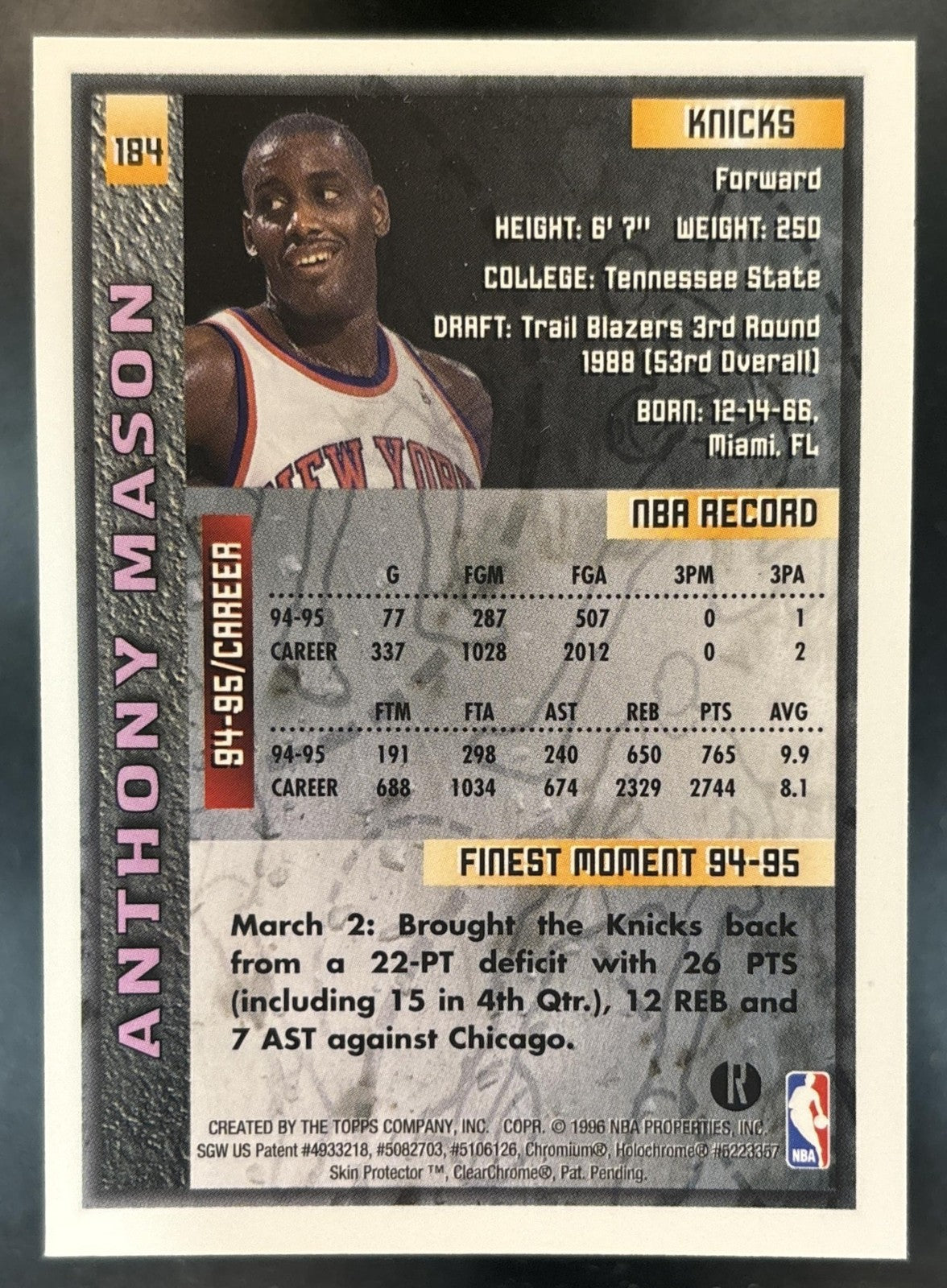 1995-96 Topps Finest Anthony Mason Refractor #184 New York Knicks